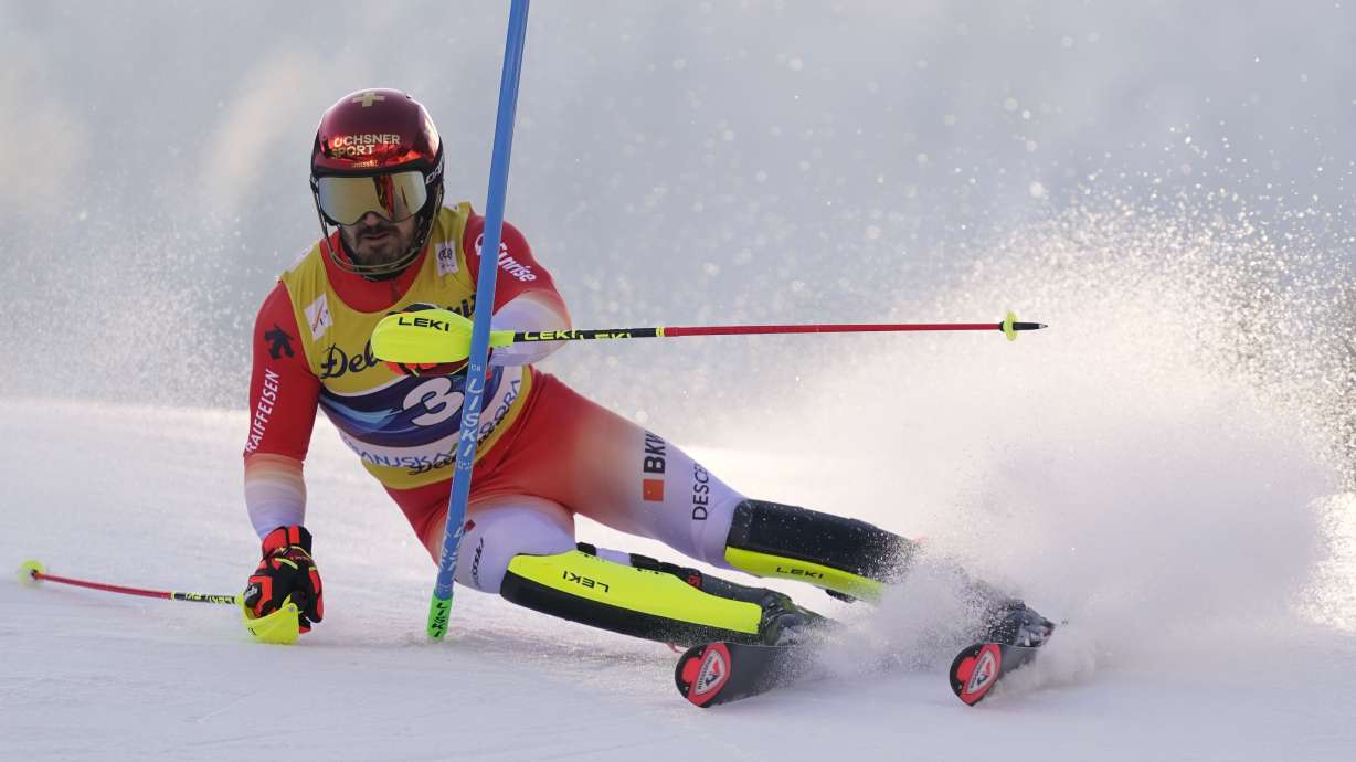 Switzerland's Loic Meillard competes in an alpine ski, men's World Cup slalom, in Kranjska Gora, Slovenia, Sunday, March 2, 2025.
