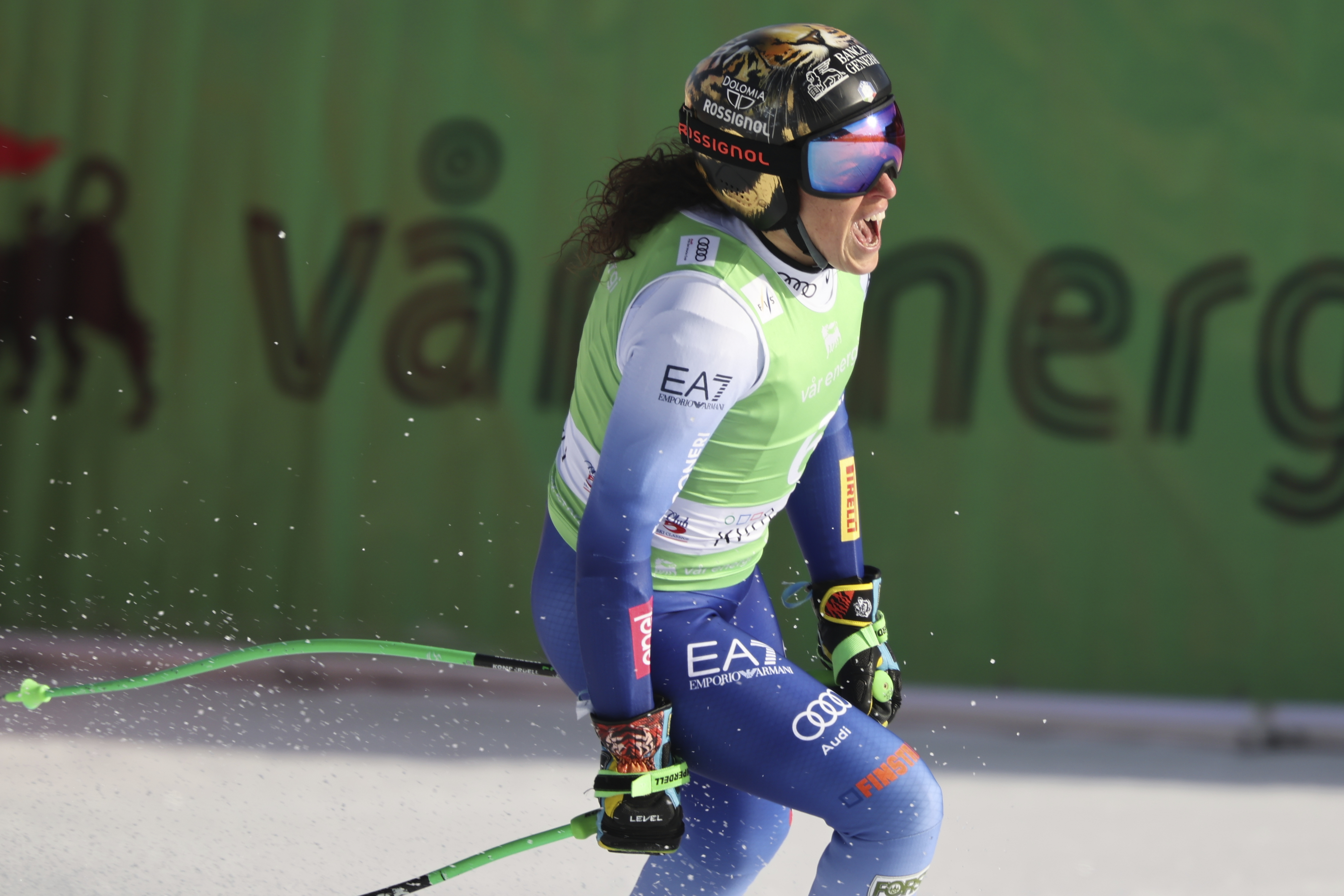 Italy's Federica Brignone celebrates at the finish area of an alpine ski, women's World Cup super G, in Kvitfjell, Norway, Sunday, March 2, 2025. 