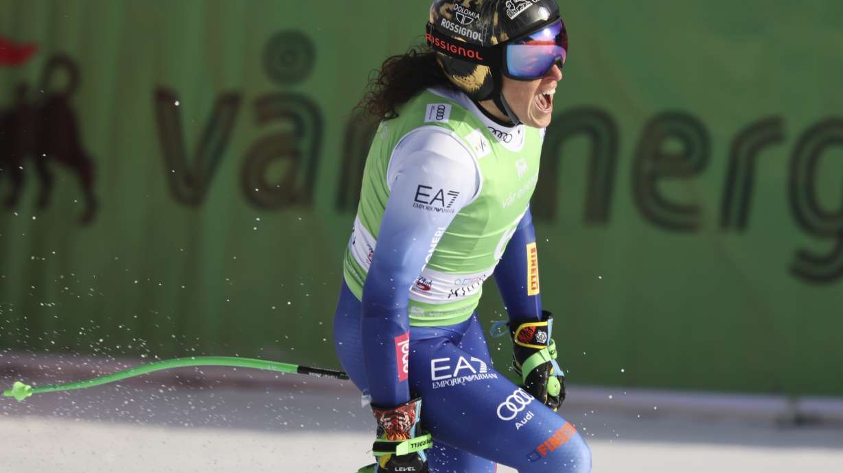 Italy's Federica Brignone celebrates at the finish area of an alpine ski, women's World Cup super G, in Kvitfjell, Norway, Sunday, March 2, 2025.