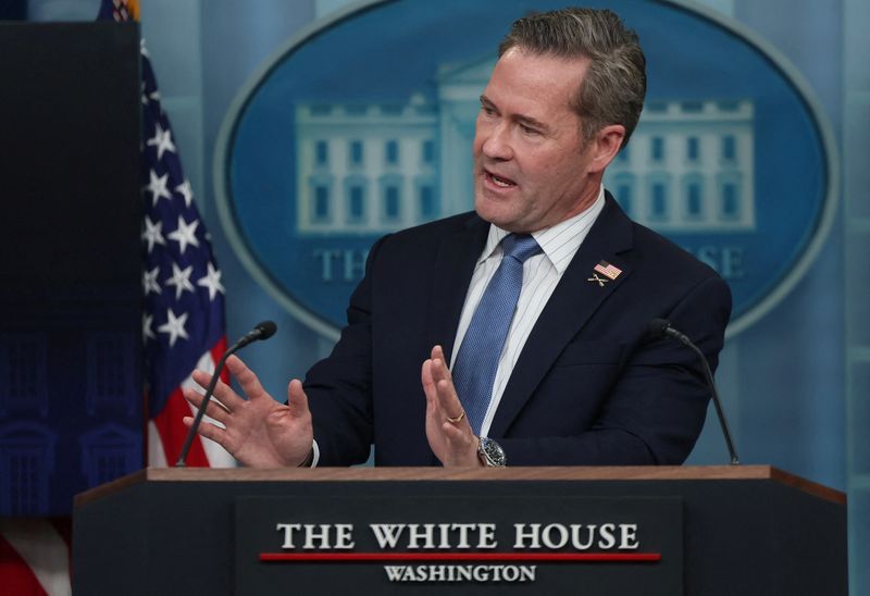 White House National Security adviser Mike Waltz speaks to members of the media from the briefing room at the White House in Washington, Feb. 20.