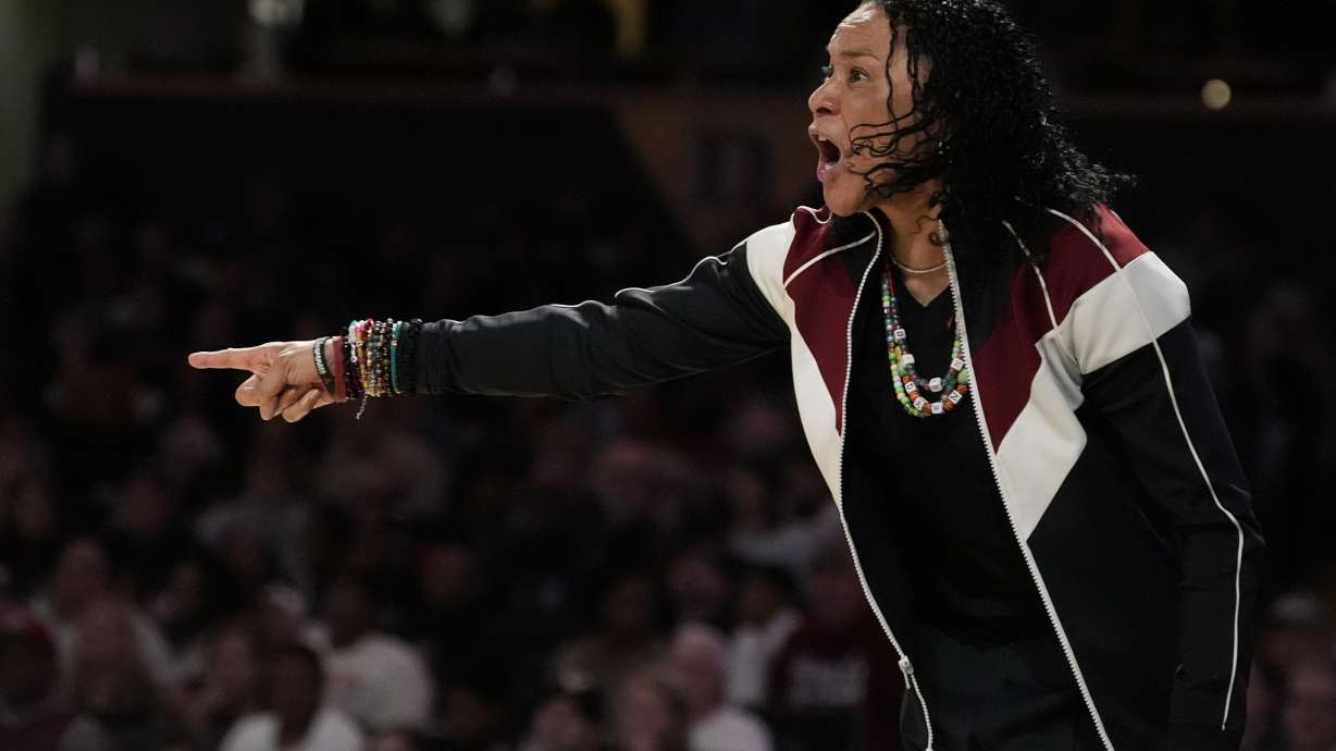 South Carolina head coach Dawn Staley yells to her players during the first half of an NCAA college basketball game against Vanderbilt, Sunday, Feb. 23, 2025, in Nashville, Tenn.