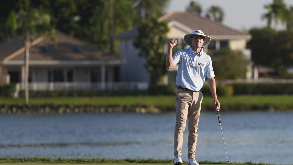 Joe Highsmith pumps his fist after finishing on the 18th green during the final round of the Cognizant Classic golf tournament, Sunday, March 2, 2025, in Palm Beach Gardens, Fla.