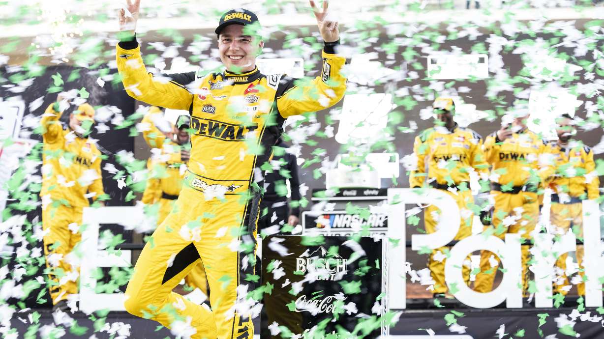 Christopher Bell celebrates after his win in a NASCAR Cup Series auto race at Circuit of the Americas in Austin, Texas, Sunday, March 2, 2025.