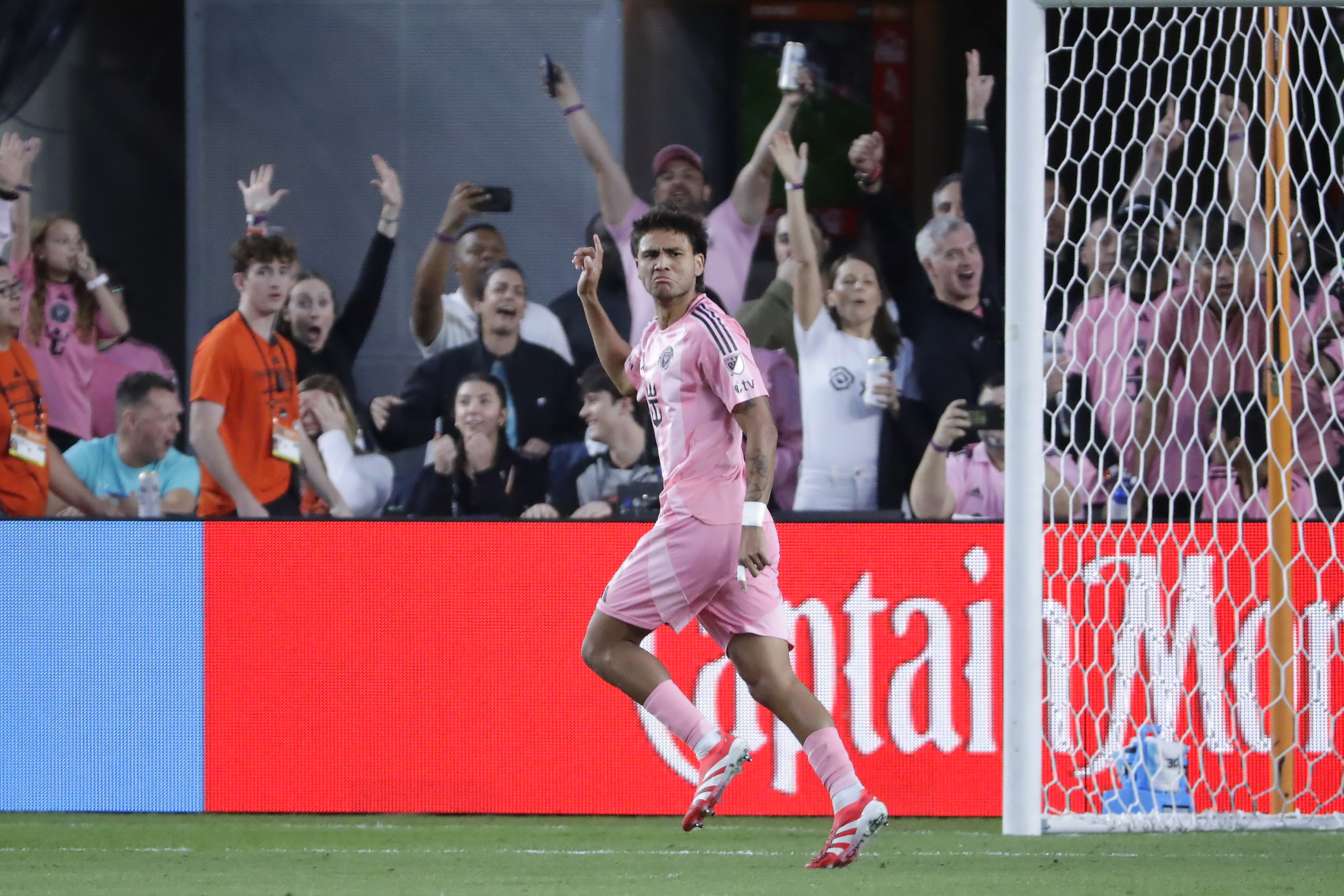 Inter Miami midfielder Telasco Segovia celebrates after his goal against the Houston Dynamo during the first half of an MLS soccer match Sunday, March 2, 2025, in Houston.