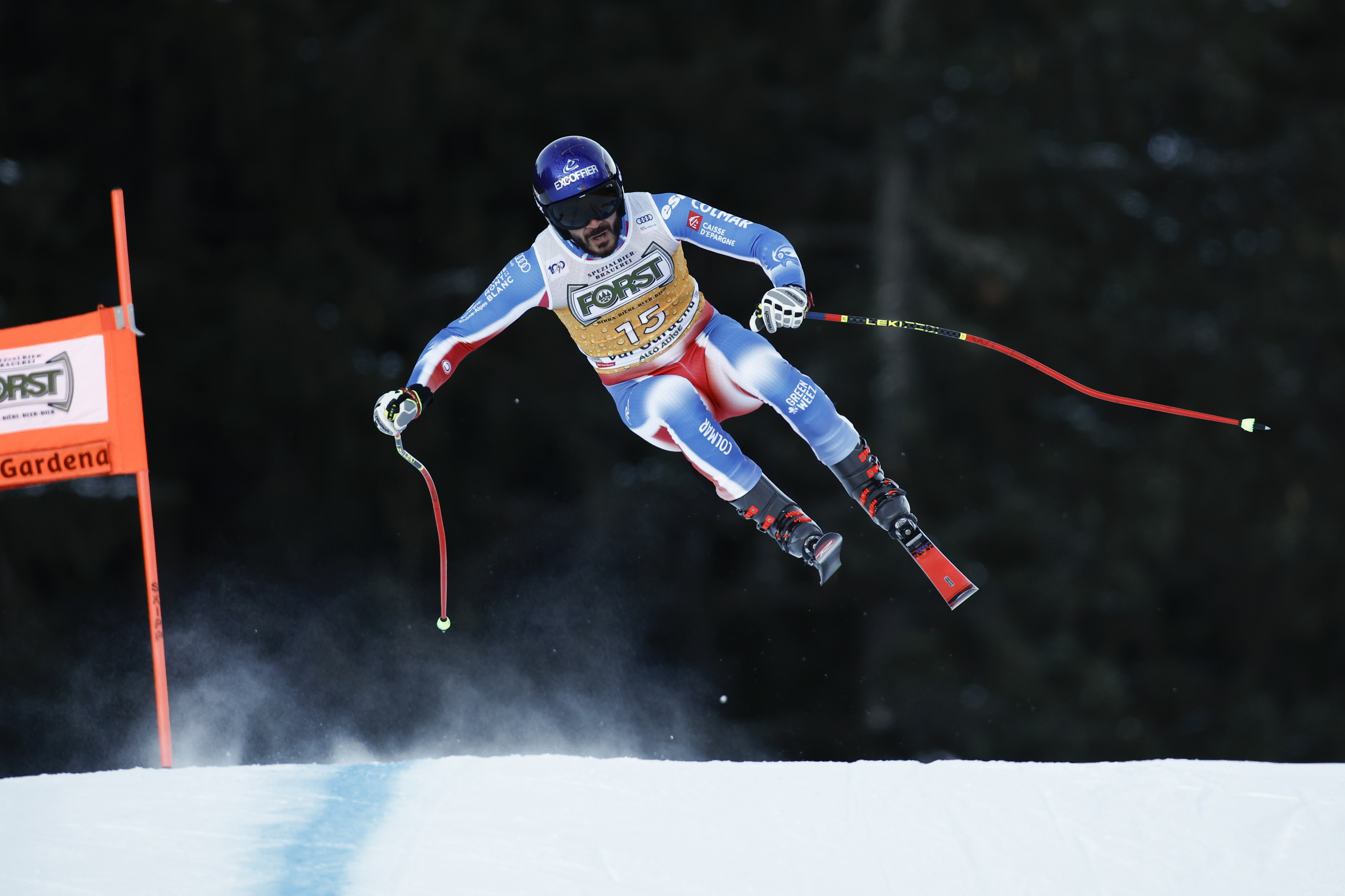 FILE - France's Cyprien Sarrazin speeds down the course during an alpine ski, men's World Cup downhill, in Val Gardena, Italy, on Dec. 21, 2024. 