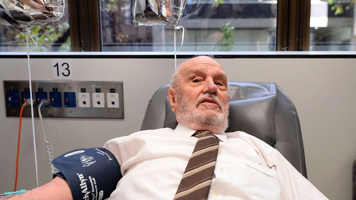 James Harrison is pictured donating blood in 2018. Harrison, a prolific Australian blood donor famed for having saved the lives of more than 2 million babies, has died at age 88.