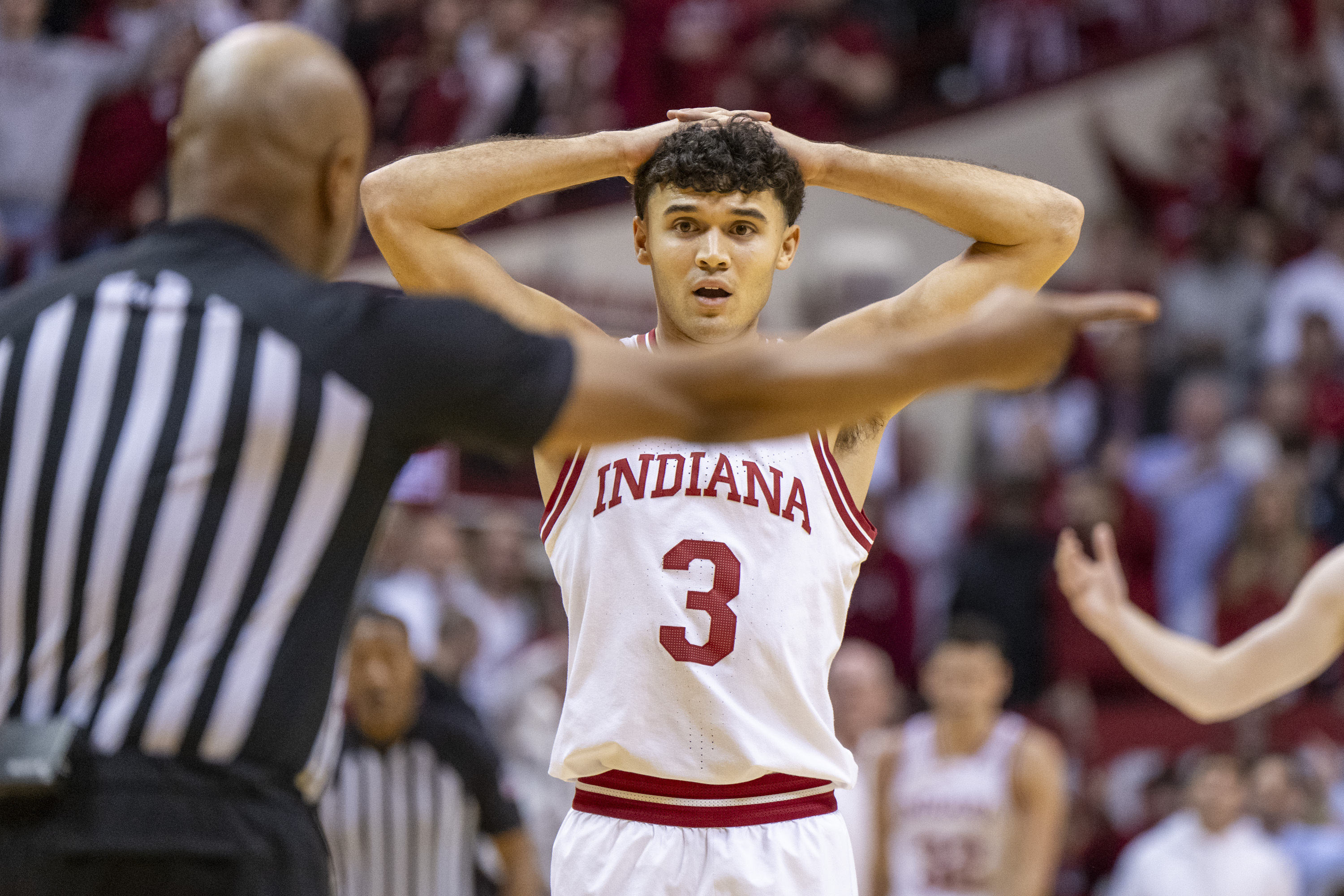 Indiana guard Anthony Leal (3) reacts after being called for a foul during the first half of an NCAA college basketball game against Purdue, Sunday, Feb. 23, 2025, in Bloomington, Ind. 