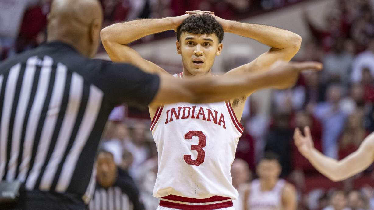 Indiana guard Anthony Leal (3) reacts after being called for a foul during the first half of an NCAA college basketball game against Purdue, Sunday, Feb. 23, 2025, in Bloomington, Ind.