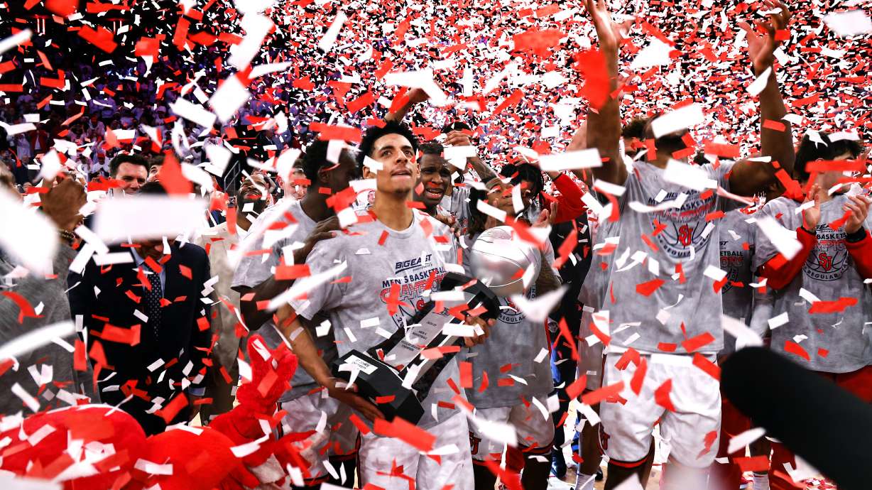 St. John's guard RJ Luis Jr. celebrates with teammates after winning the Big East Conference regular season title after they defeated Seton Hall in an NCAA college basketball game, Saturday, March 1, 2025, in New York.