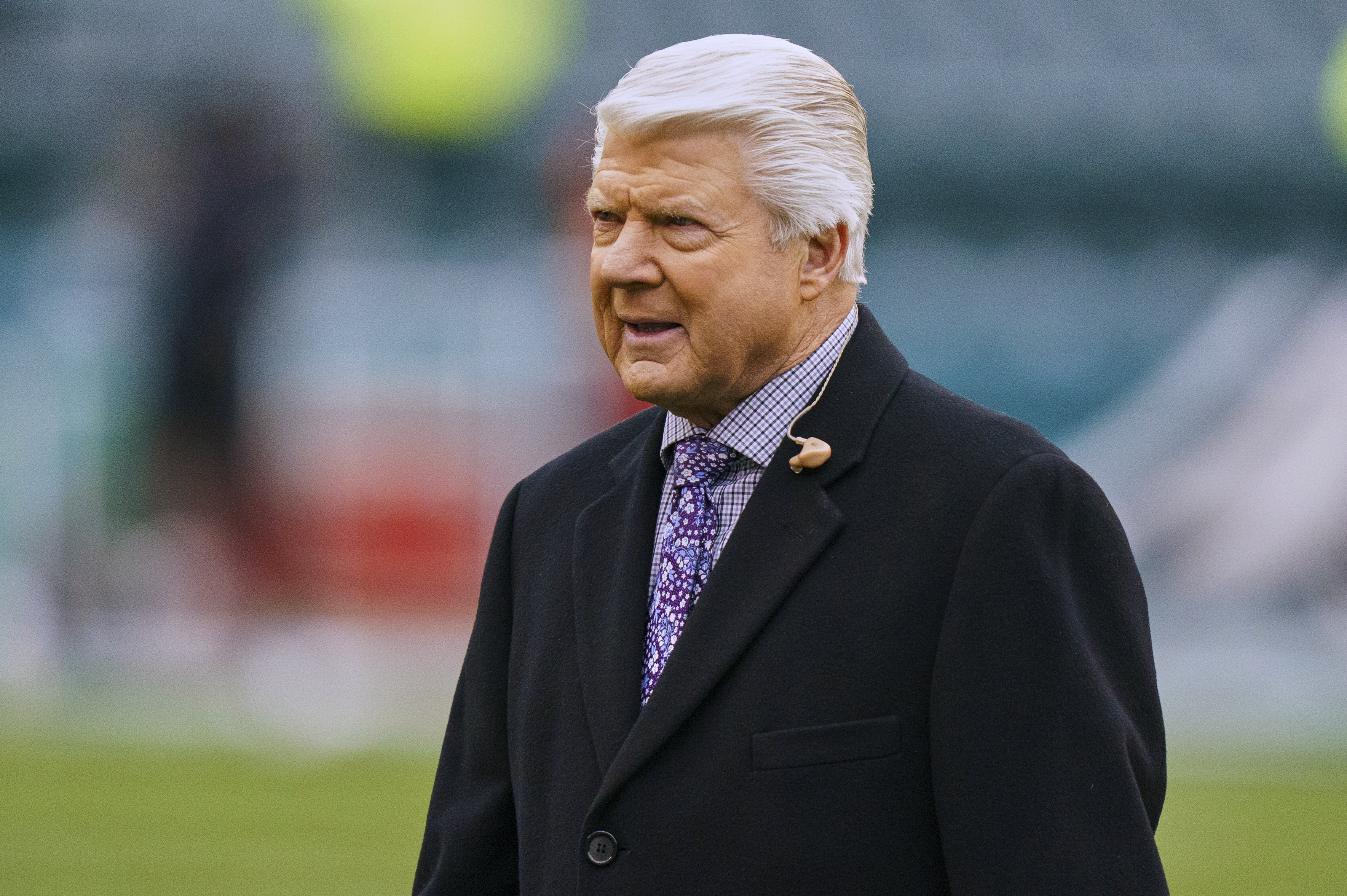 FILE - Fox Sports analyst and Former Dallas Cowboys head coach Jimmy Johnson looks on prior to the NFC Championship NFL football game between the San Francisco 49ers and the Philadelphia Eagles, Jan. 29, 2023, in Philadelphia. 