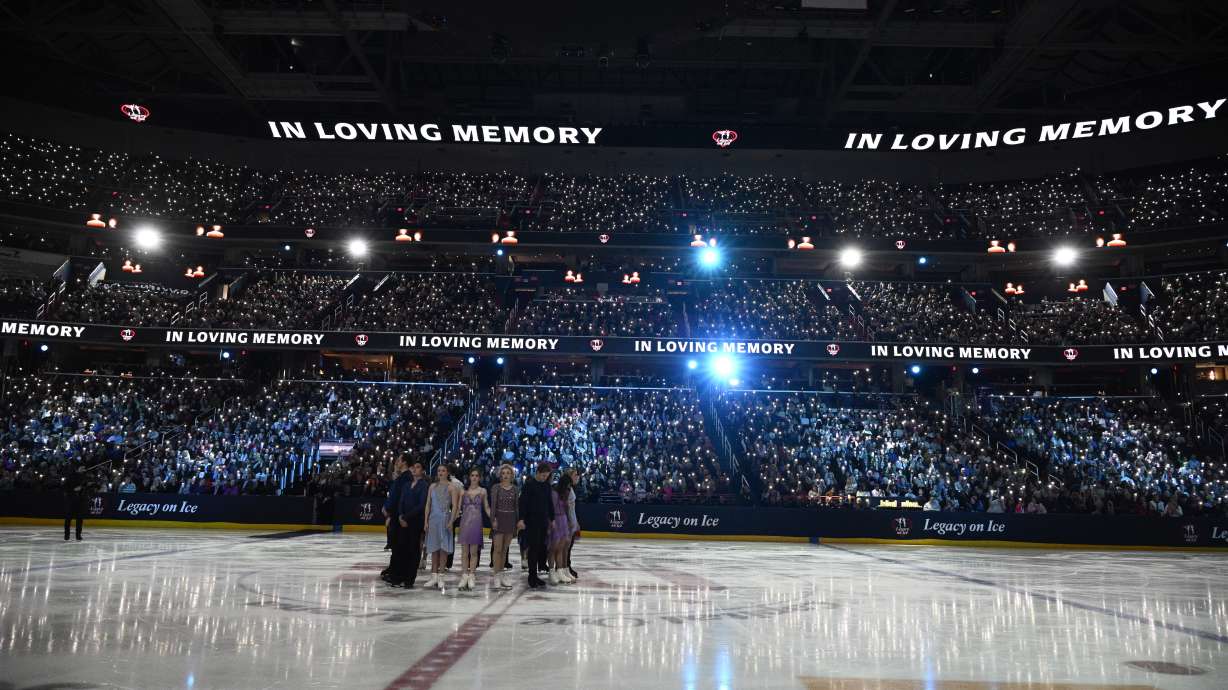 Cast members participate Sunday, March 2, 2025, in Washington, at the Legacy on Ice event, a figure skating tribute to support the families and loved ones affected by the Jan. 29 aviation incident.