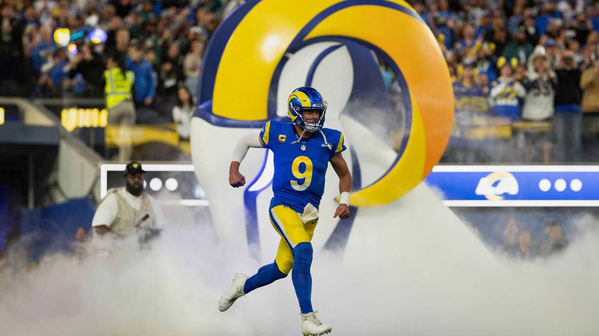 FILE - Los Angeles Rams quarterback Matthew Stafford (9) runs onto the field before an NFL football game against Philadelphia Eagles, Sunday, Nov. 24, 2024, in Inglewood, Calif.