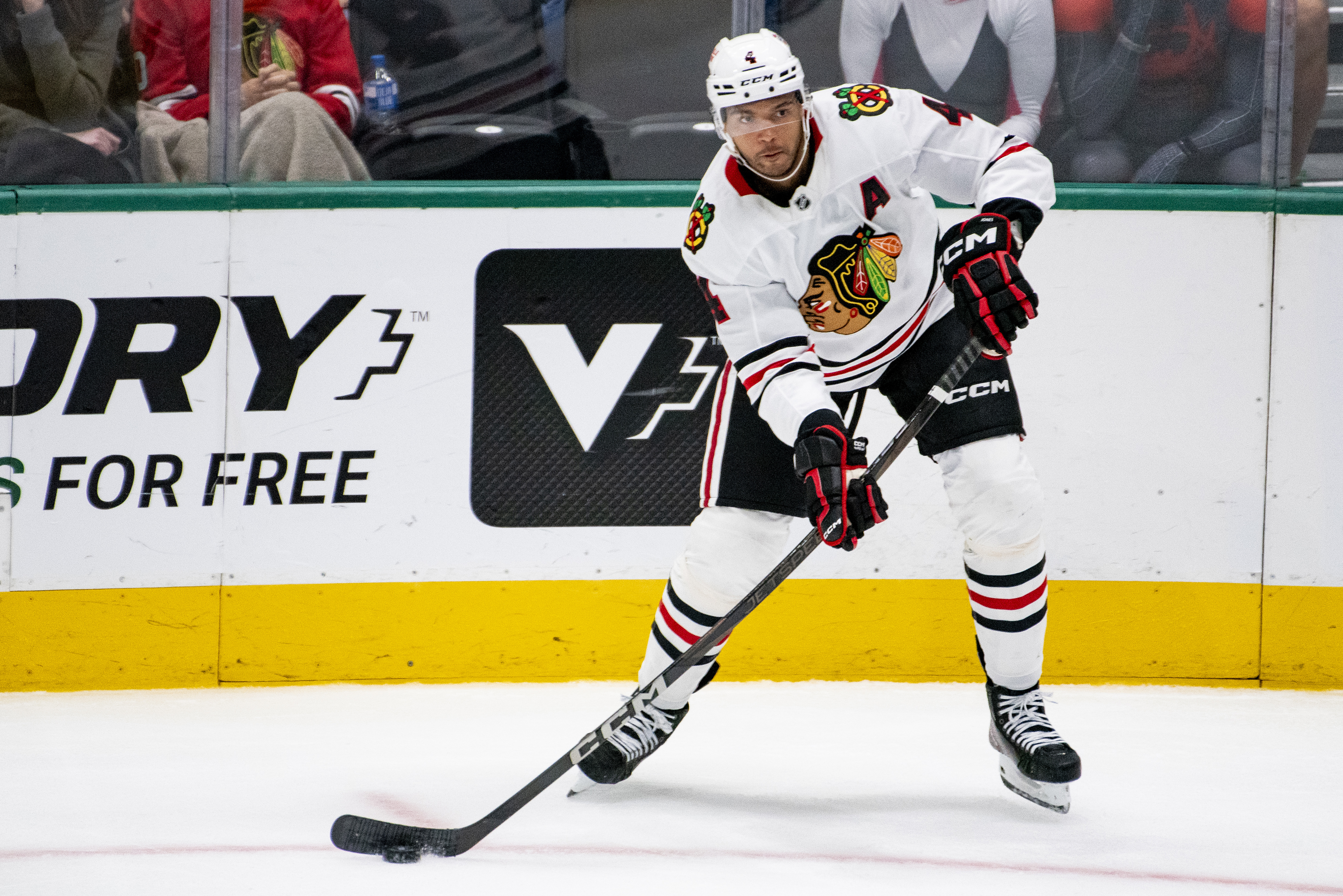 FILE - Chicago Blackhawks defenseman Seth Jones (4) looks to pass the puck to a teammate during the second period of an NHL hockey game against the Dallas Stars, Saturday, Oct. 26, 2024, in Dallas.