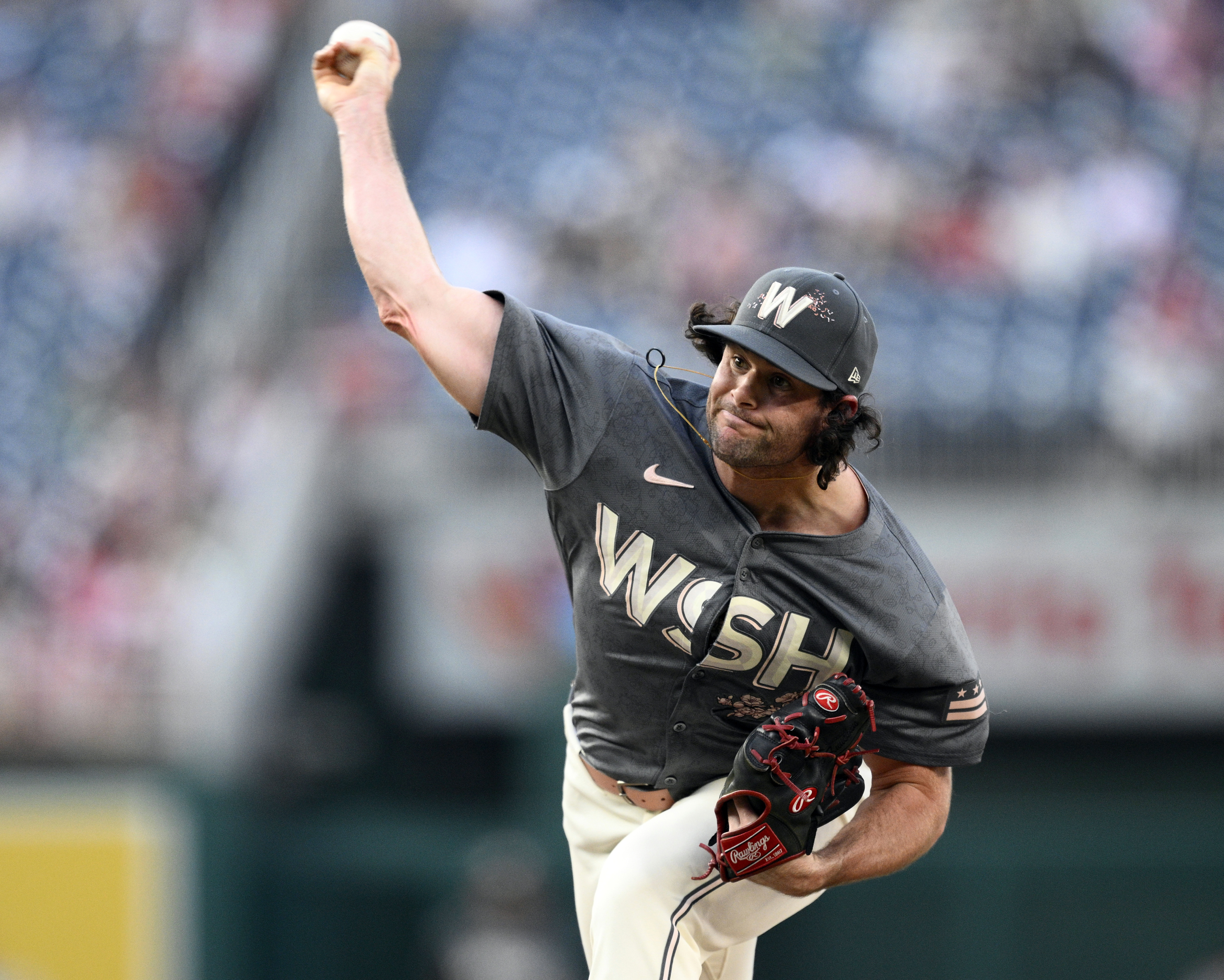 FILE - Washington Nationals relief pitcher Kyle Finnegan delivers during a baseball game against the Miami Marlins, Sept. 14, 2024, in Washington.