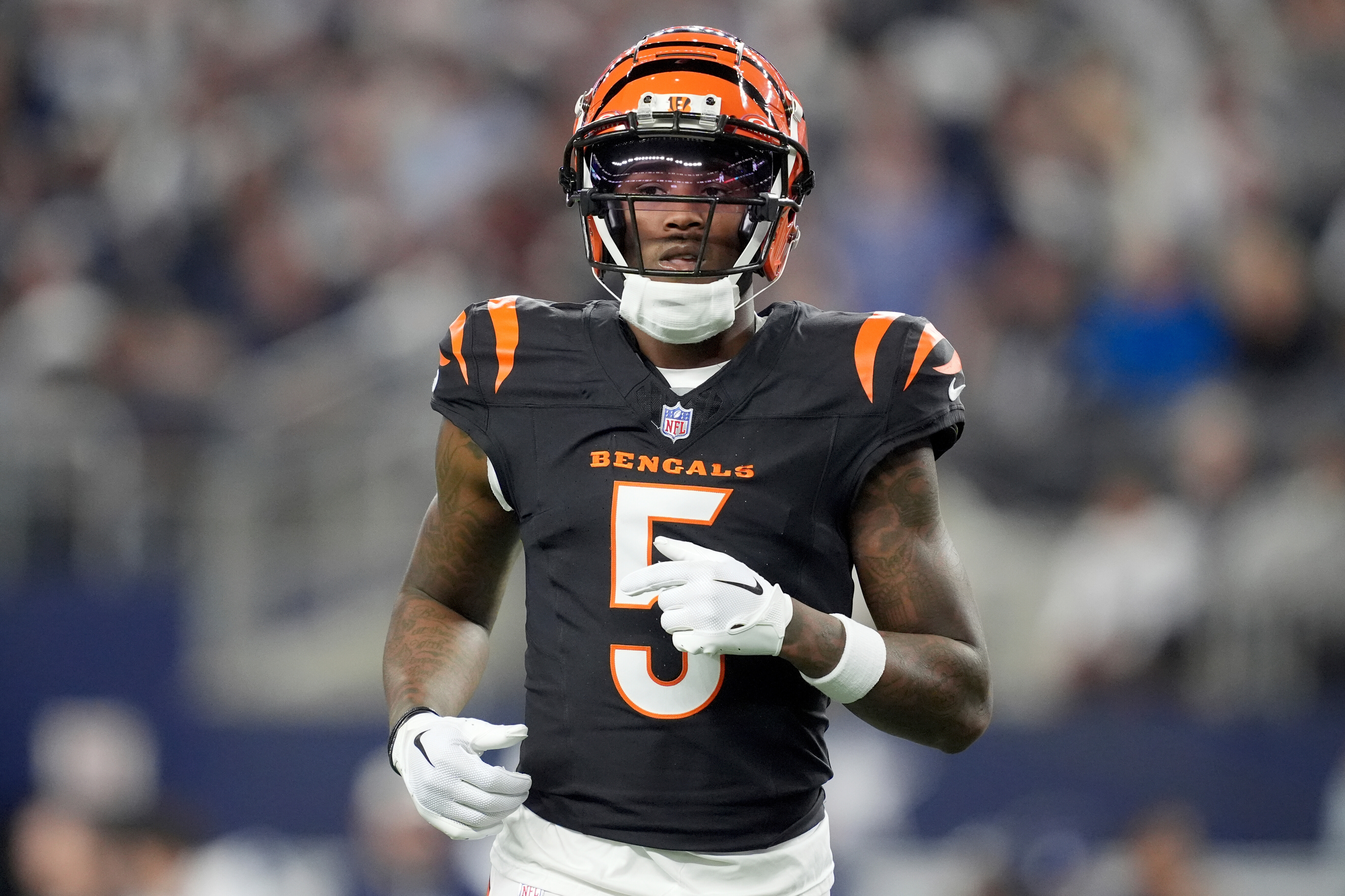 FILE - Cincinnati Bengals wide receiver Tee Higgins lines up against the Dallas Cowboys during an NFL football game in Arlington, Texas, Dec. 9, 2024. 