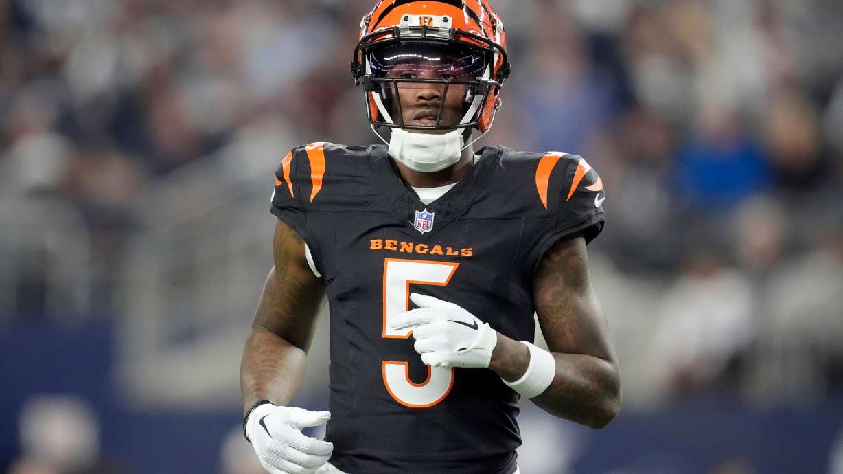 FILE - Cincinnati Bengals wide receiver Tee Higgins lines up against the Dallas Cowboys during an NFL football game in Arlington, Texas, Dec. 9, 2024.
