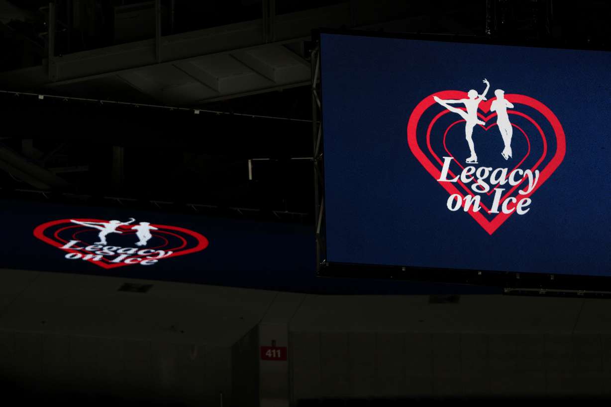 The logo for the Legacy on Ice skating event, organized to honor figure skaters and coaches who died in the recent plane crash at Reagan National Airport, is displayed at Capital One Arena on Monday in Washington.