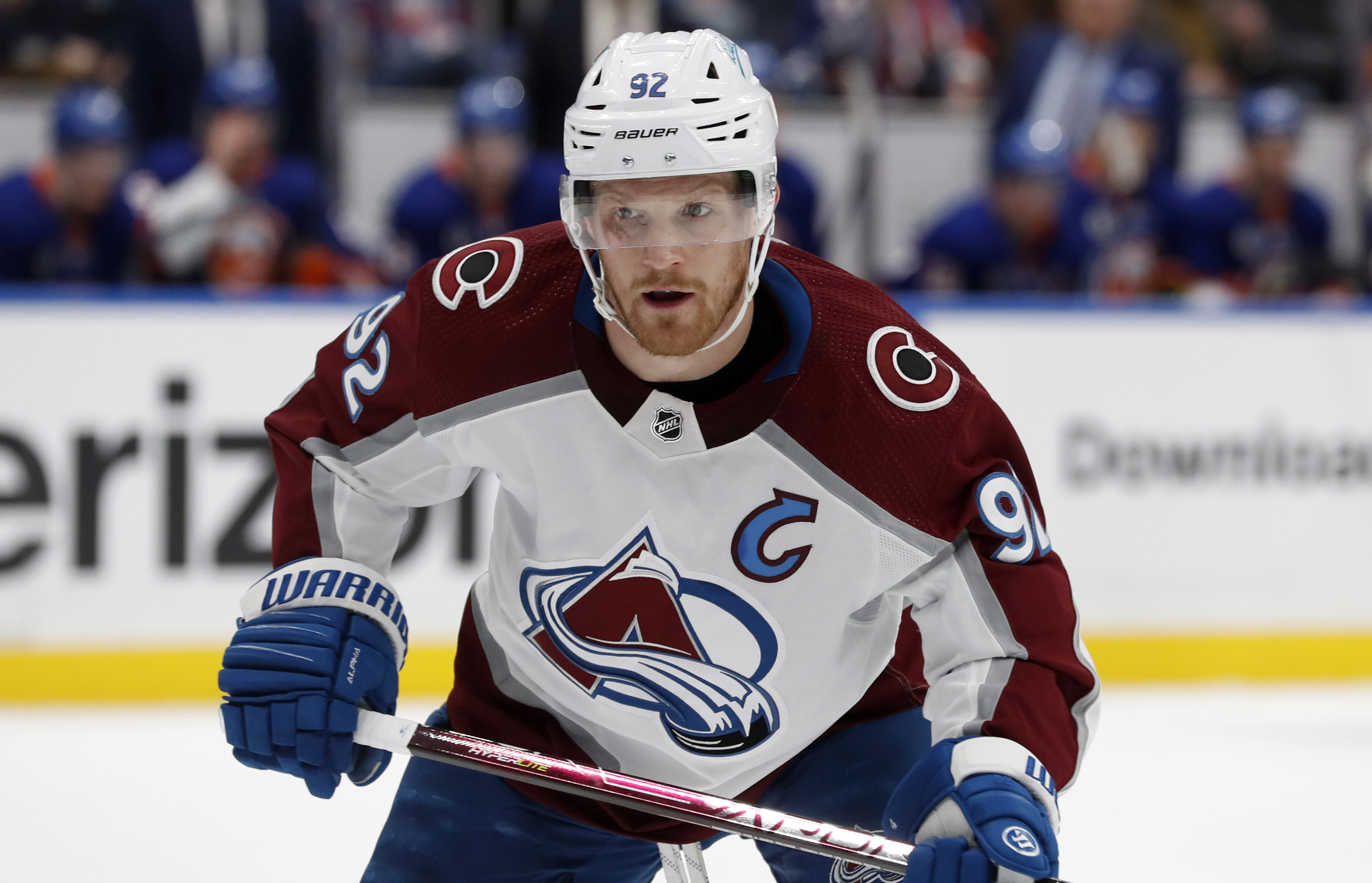 FILE - Colorado Avalanche left wing Gabriel Landeskog skates against the New York Islanders during an NHL hockey game March 7, 2022, in Elmont, N.Y. 