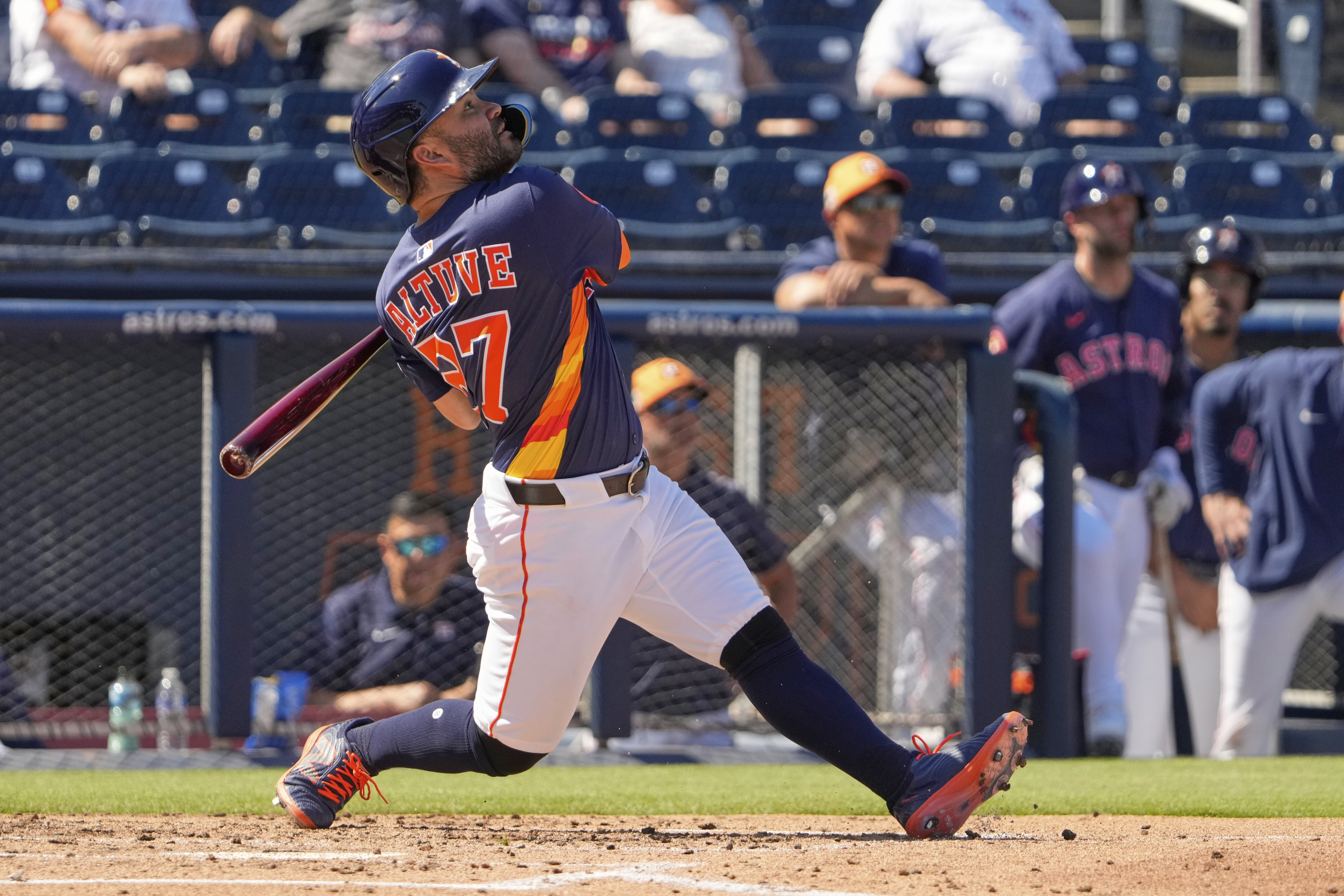 Houston Astros' Jose Altuve flies out during the third inning of a spring training baseball game against the St. Louis Cardinals Friday, Feb. 28, 2025, in West Palm Beach, Fla. 