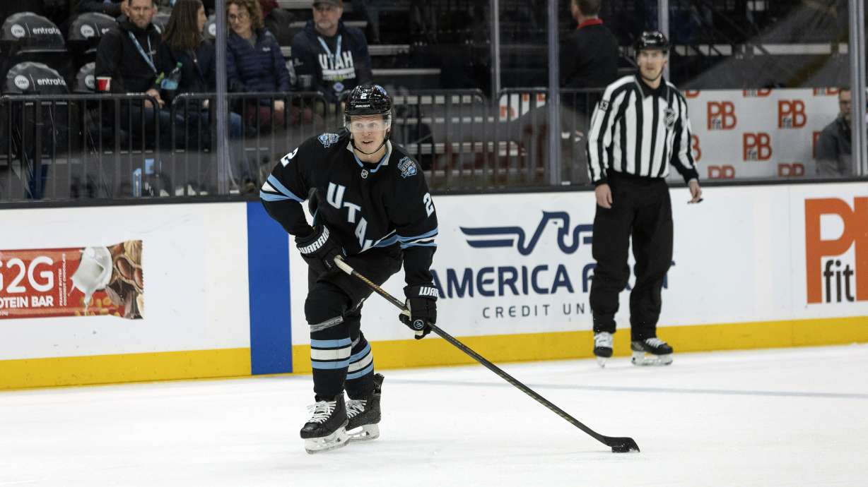 FILE - Utah Hockey Club defenseman Olli Maatta (2) looks to shoot the puck against the New York Islanders during the first period of an NHL hockey game, Jan. 11, 2025, in Salt Lake City.