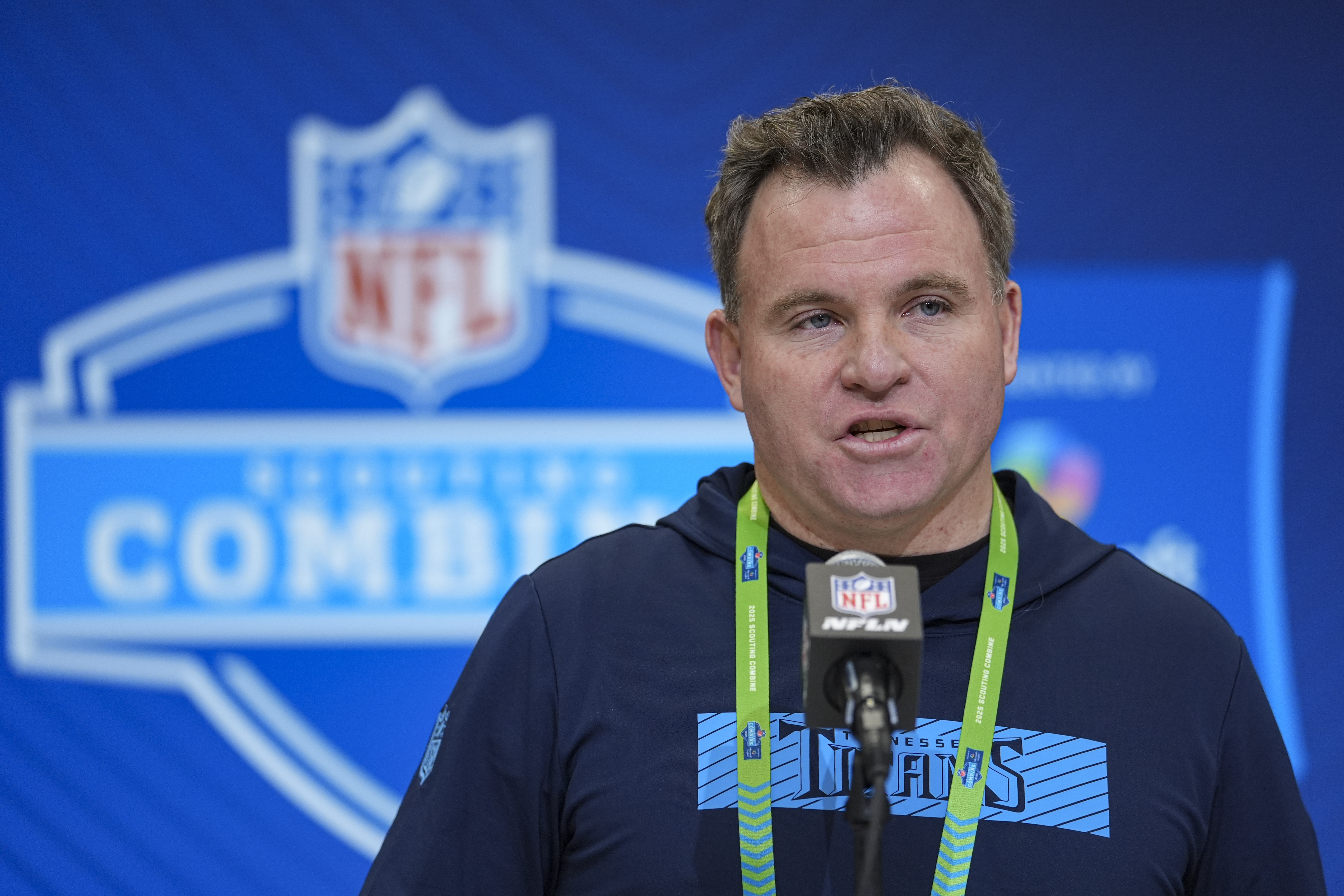Tennessee Titans general manager Mike Borgonzi speaks during a press conference at the NFL football scouting combine in Indianapolis, Tuesday, Feb. 25, 2025. 
