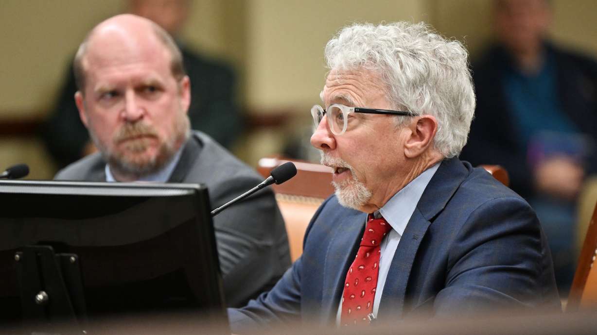Lawyer Mark Moffatt speaks in favor of HB87 as Rep. Matt Gwynn, R-Farr West, the sponsor, looks on at the Capitol in Salt Lake City on Jan. 29. HB87 is one of several measures aimed at illegal immigration.