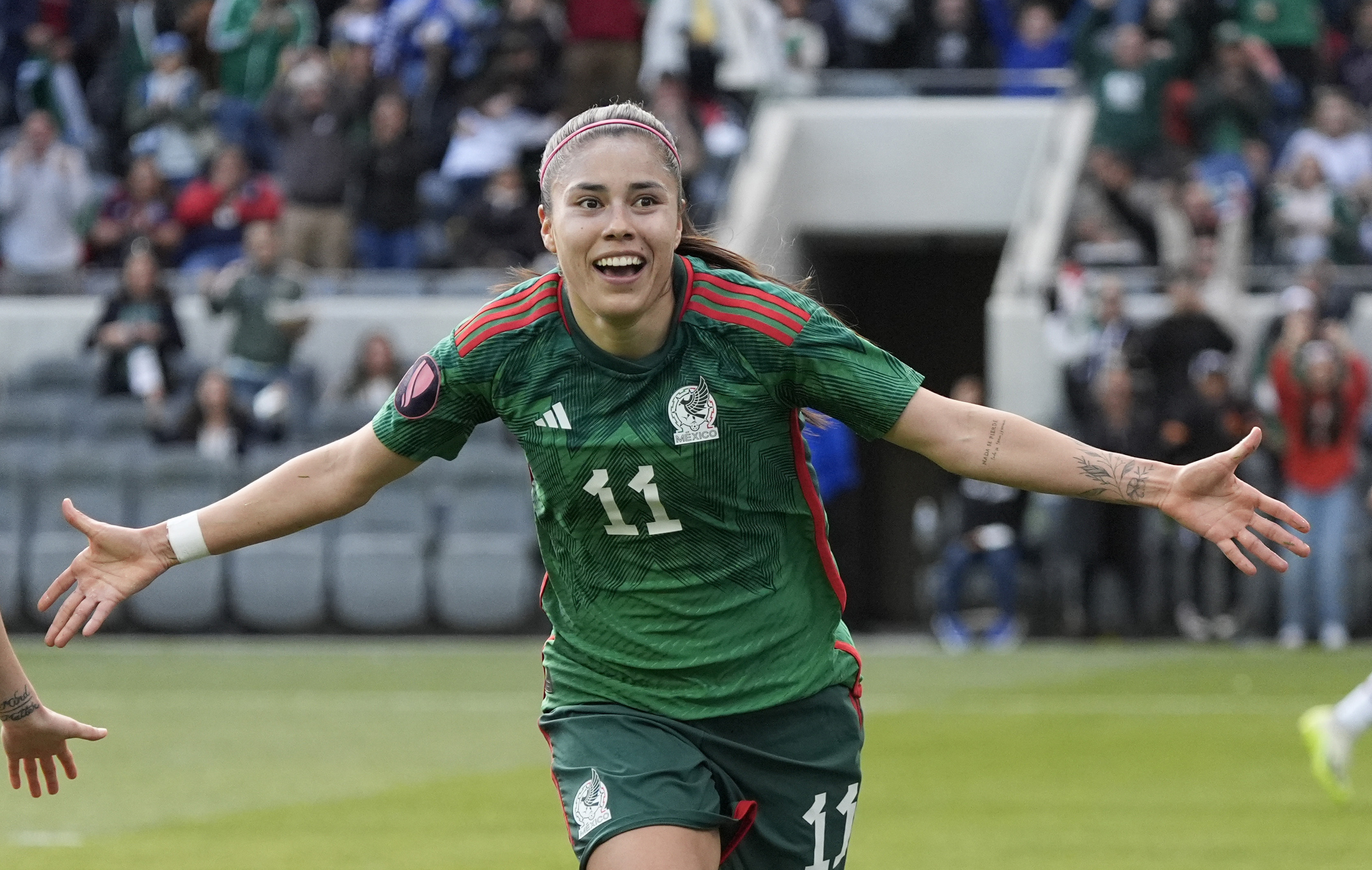 FILE - Mexico midfielder Lizbeth Ovalle celebrates her goal during the second half of a CONCACAF Gold Cup women's soccer tournament quarterfinal against Paraguay, Sunday, March 3, 2024, in Los Angeles. 