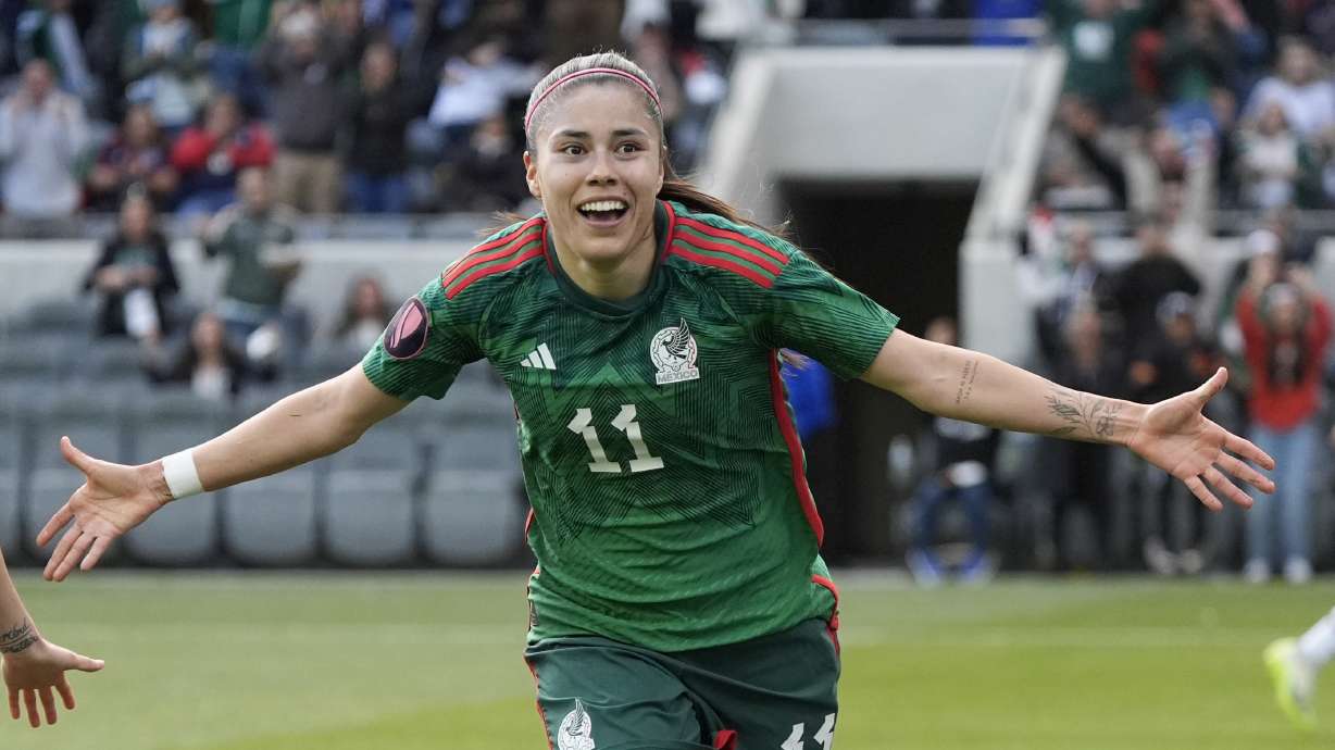 FILE - Mexico midfielder Lizbeth Ovalle celebrates her goal during the second half of a CONCACAF Gold Cup women's soccer tournament quarterfinal against Paraguay, Sunday, March 3, 2024, in Los Angeles.