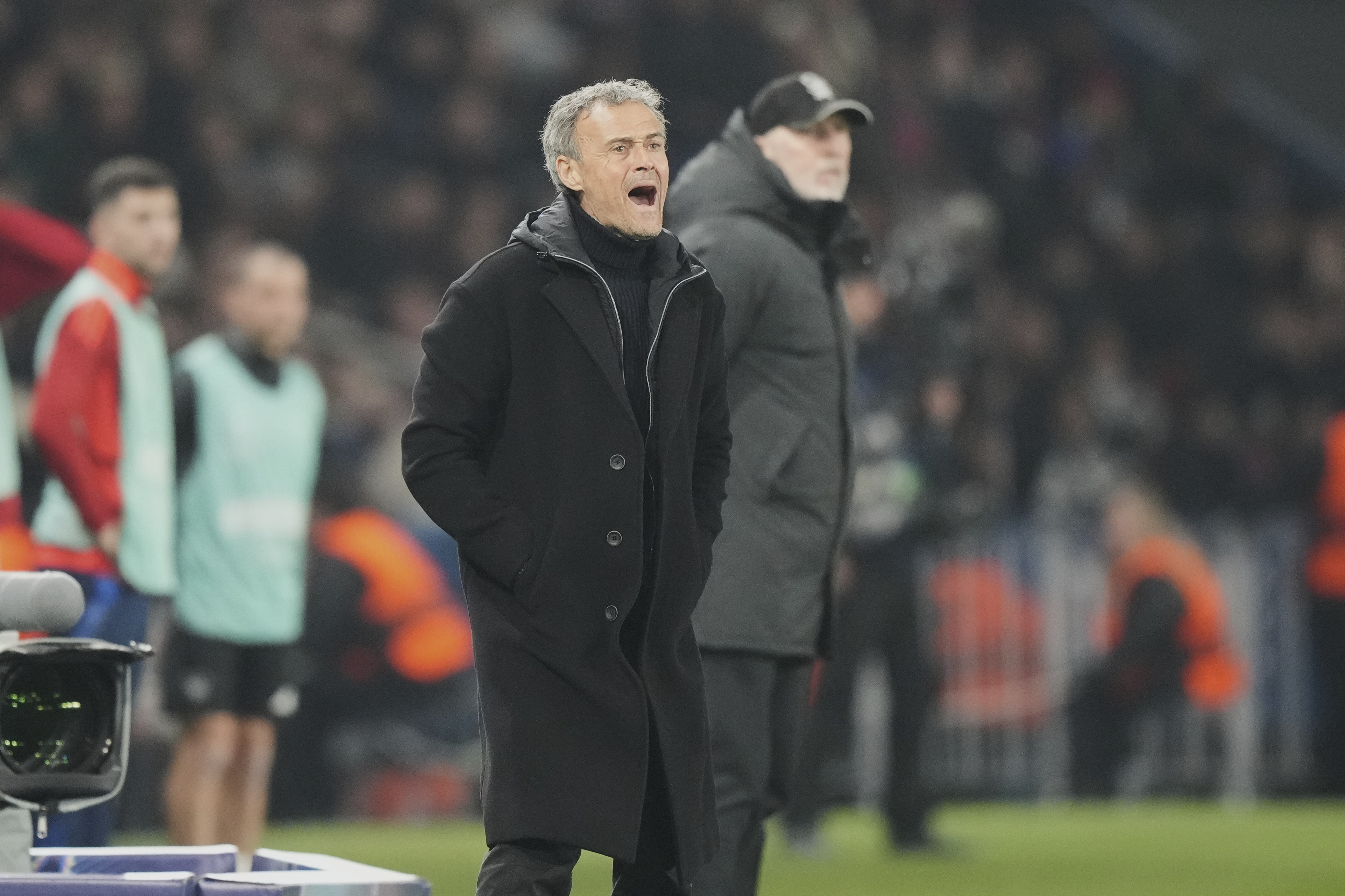 PSG's head coach Luis Enrique reacts during the Champions League playoff second leg soccer match between Paris Saint-Germain and Brest at the Parc des Princes in Paris, Wednesday, Feb. 19, 2025. 