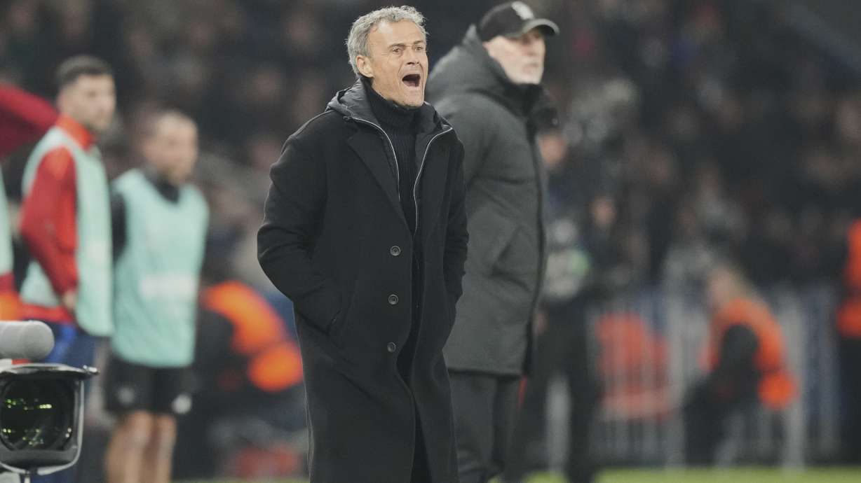 PSG's head coach Luis Enrique reacts during the Champions League playoff second leg soccer match between Paris Saint-Germain and Brest at the Parc des Princes in Paris, Wednesday, Feb. 19, 2025.