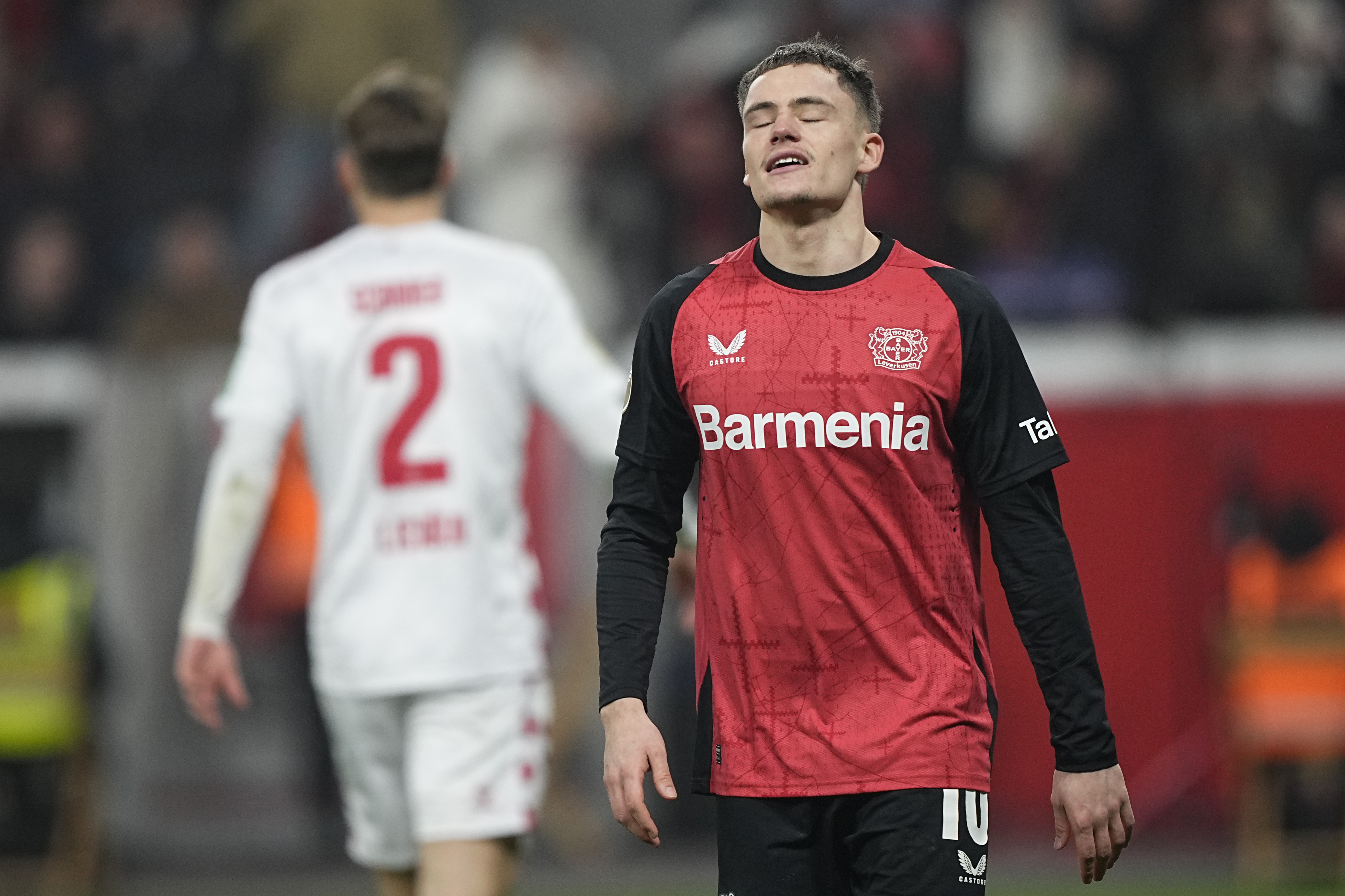 Leverkusen's Florian Wirtz reacts during the German Cup, quarterfinal soccer match between Bayer Leverkusen and FC Cologne at the BayArena in Leverkusen, Germany, Wednesday, Feb. 5, 2025.