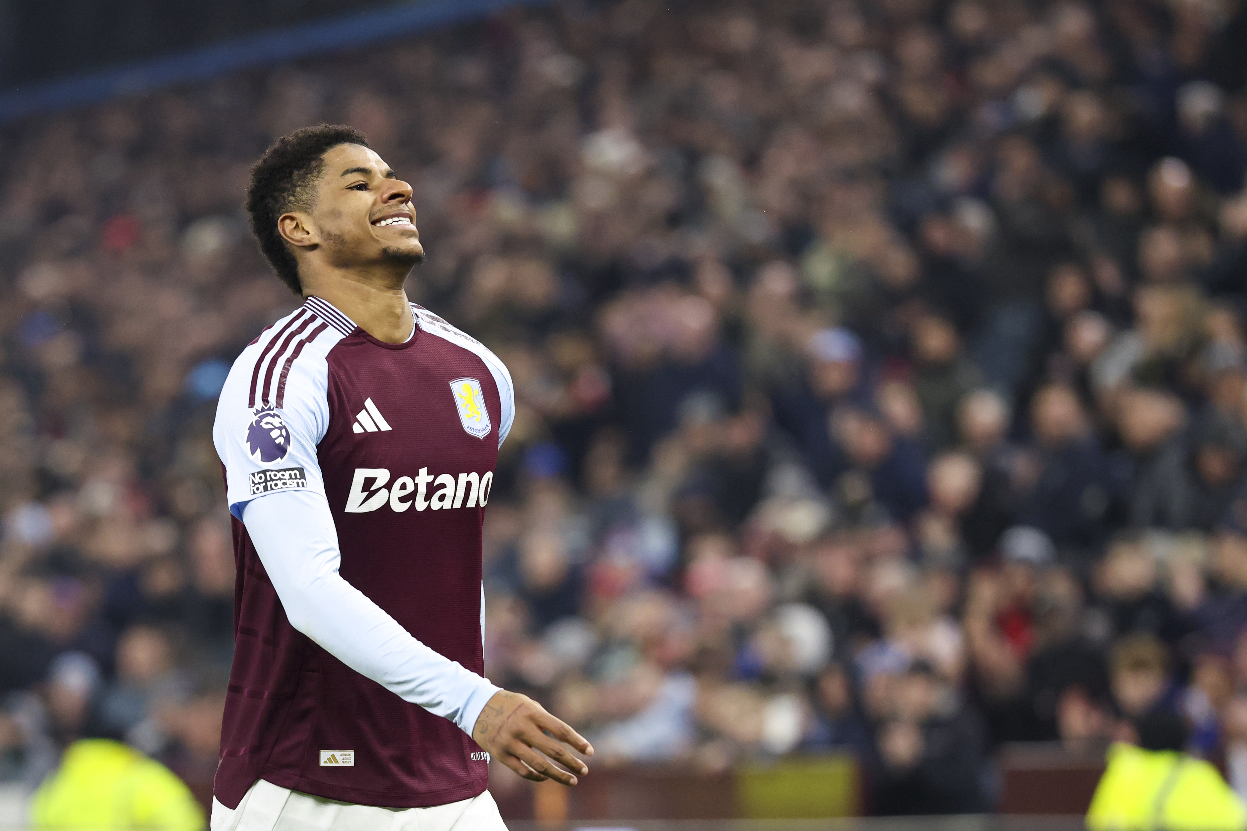 Aston Villa's Marcus Rashford reacts after missing a chance to score during the English Premier League soccer match between Aston Villa and Liverpool at Villa Park in Birmingham, England, Wednesday, Feb. 19, 2025. 