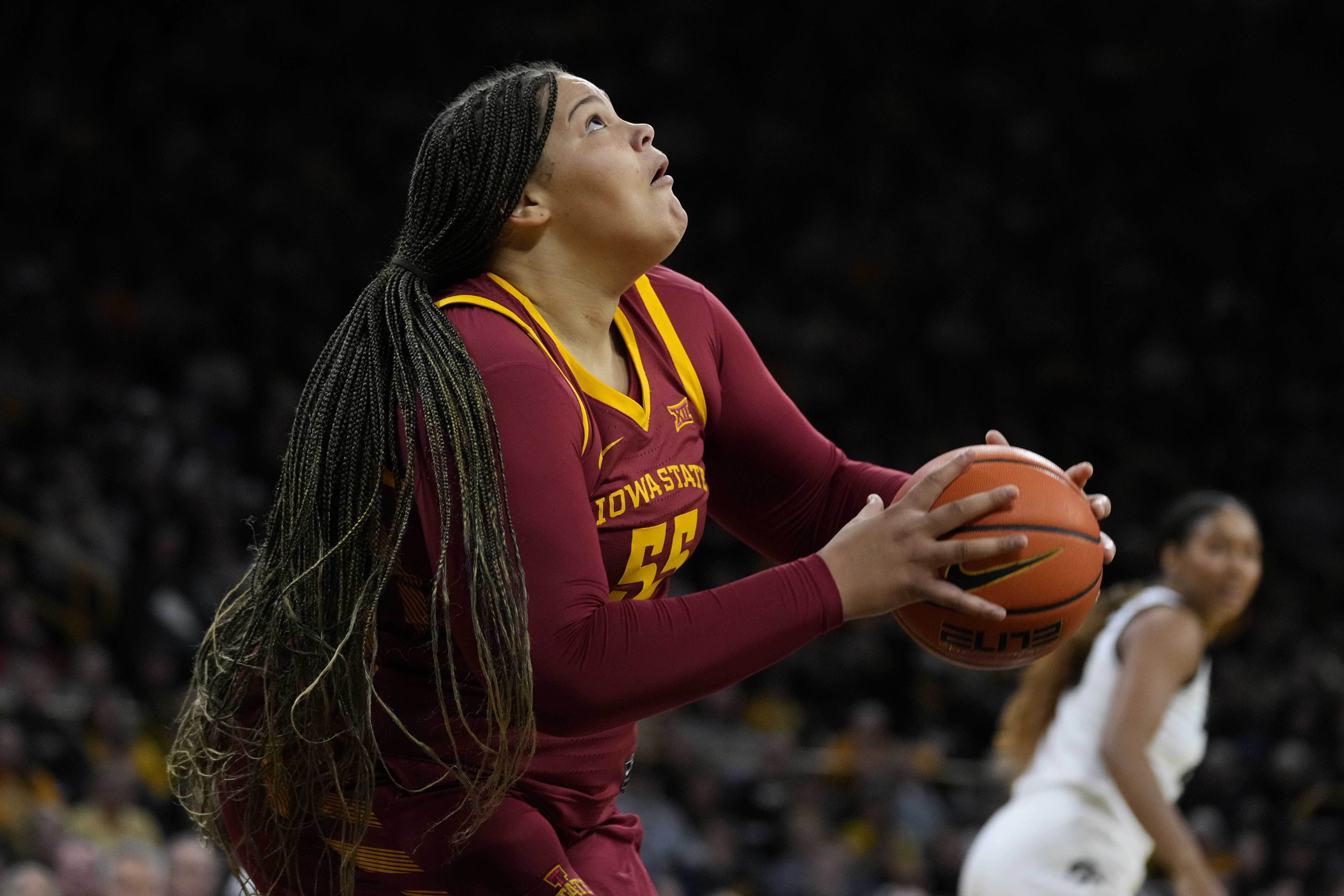 FILE - Iowa State center Audi Crooks shoots during the first half of an NCAA college basketball game against Iowa, Wednesday, Dec. 11, 2024, in Iowa City, Iowa.