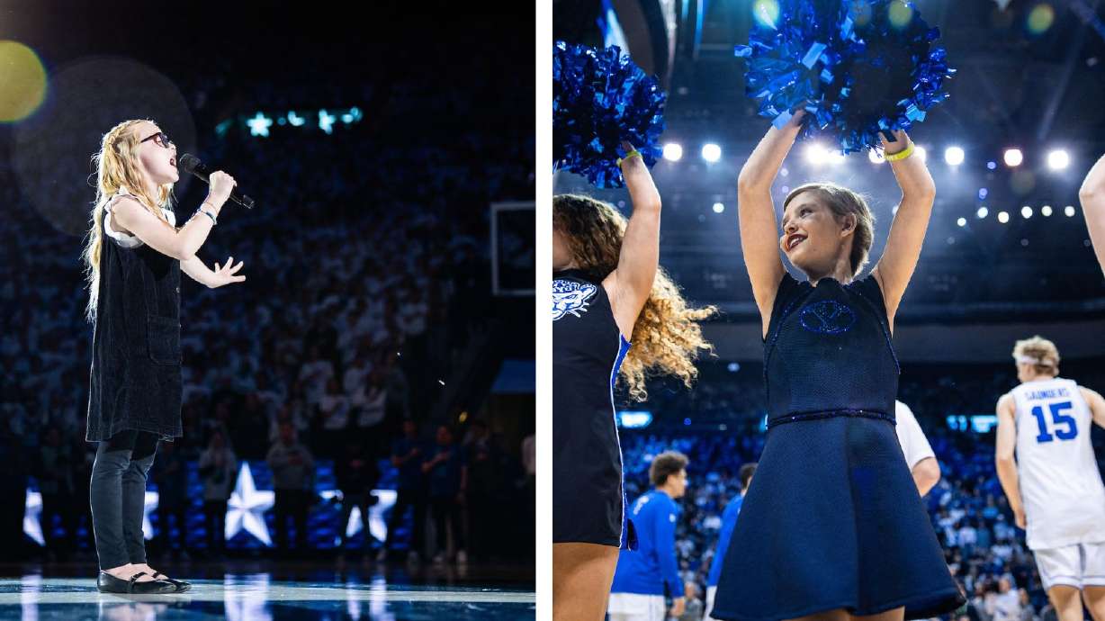 Lucy Llewellyn, left, and Alivia Natter stole the show with their performances during a BYU men's basketball game against West Virginia, Saturday, March 1, 2025 in Provo, Utah.