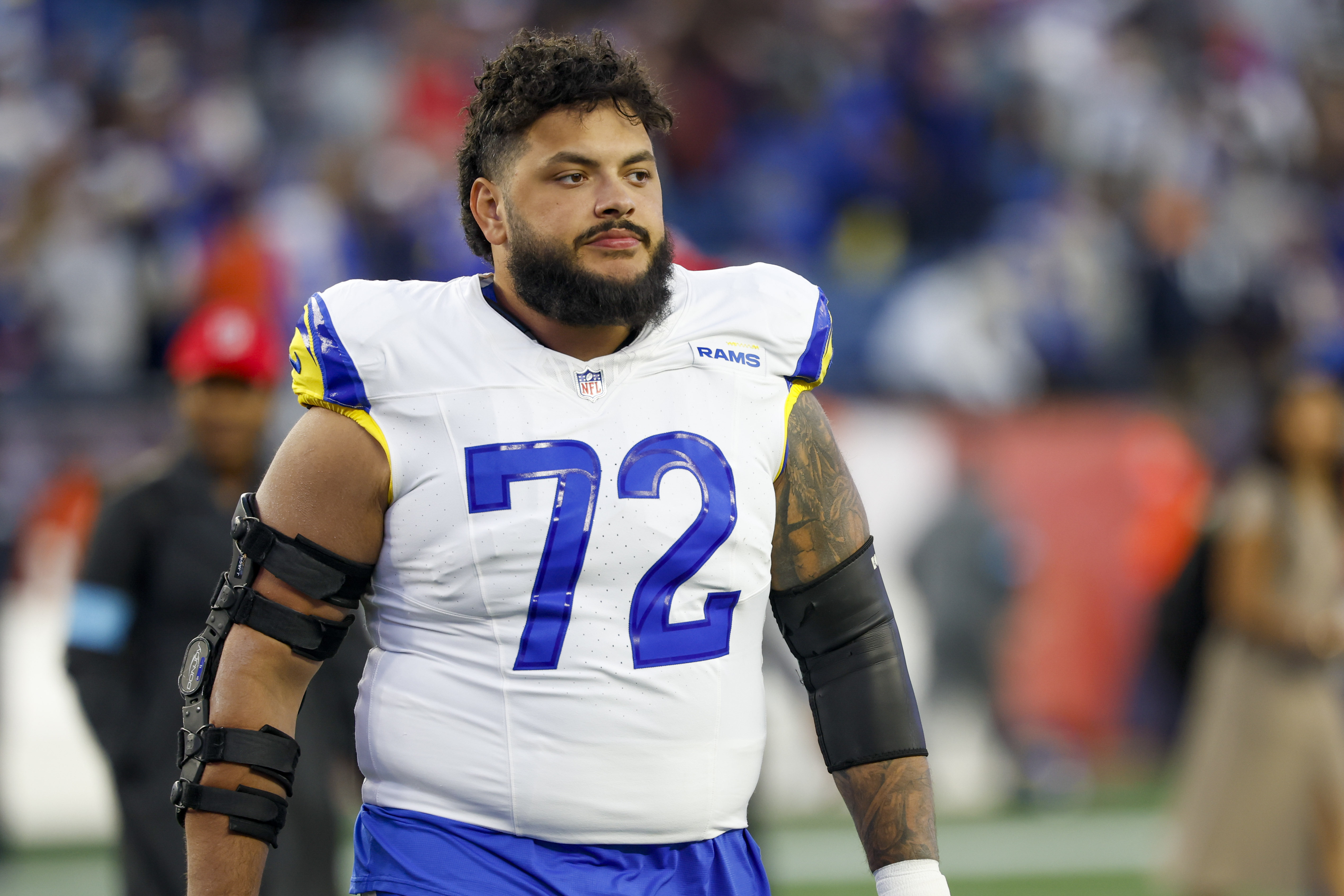 FILE - Los Angeles Rams guard Jonah Jackson (72) reacts during the second half of an NFL football game against the New England Patriots, Sunday, Nov. 17, 2024, in Foxborough, Mass. 