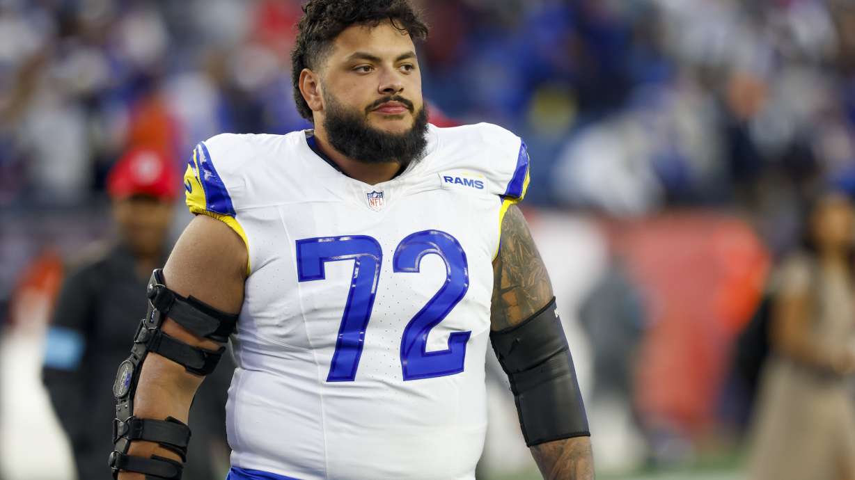 FILE - Los Angeles Rams guard Jonah Jackson (72) reacts during the second half of an NFL football game against the New England Patriots, Sunday, Nov. 17, 2024, in Foxborough, Mass.