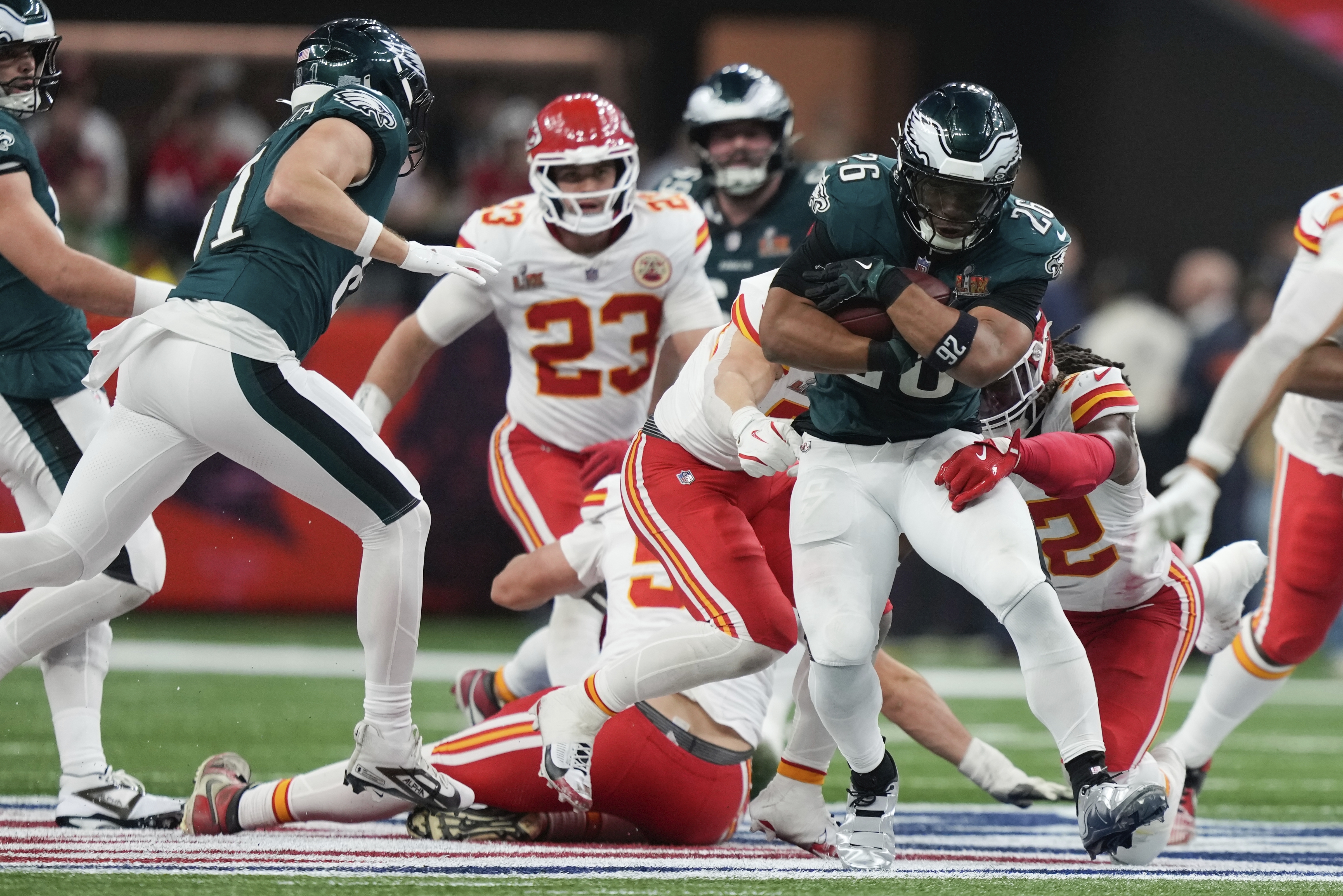 Philadelphia Eagles running back Saquon Barkley (26) runs during the second half of the NFL Super Bowl 59 football game against the Kansas City Chiefs, Sunday, Feb. 9, 2025, in New Orleans.