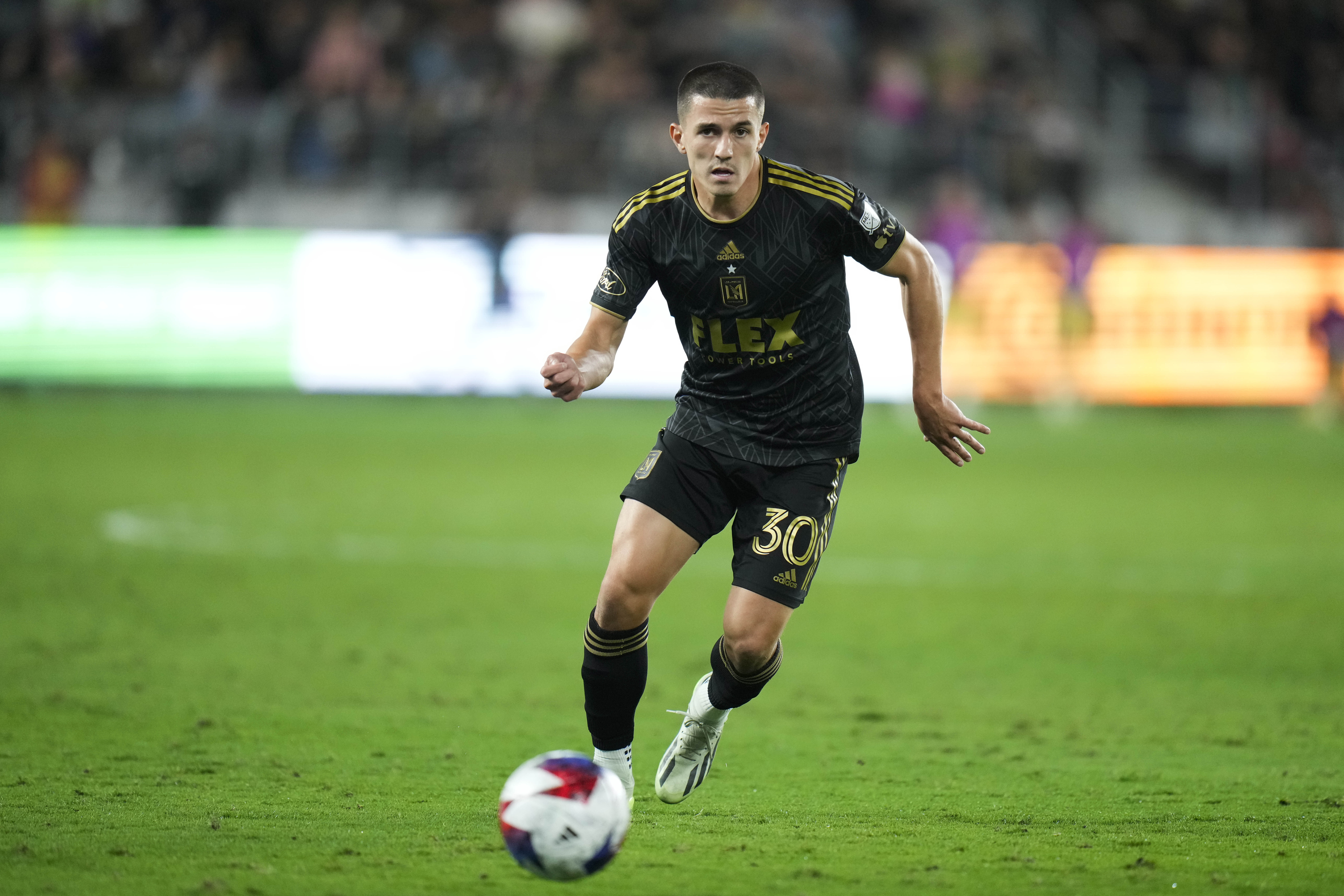 FILE - Los Angeles FC defender Sergi Palencia chases the ball during the second half of an MLS soccer match against the Real Salt Lake Sunday, Oct. 1, 2023, in Los Angeles. 