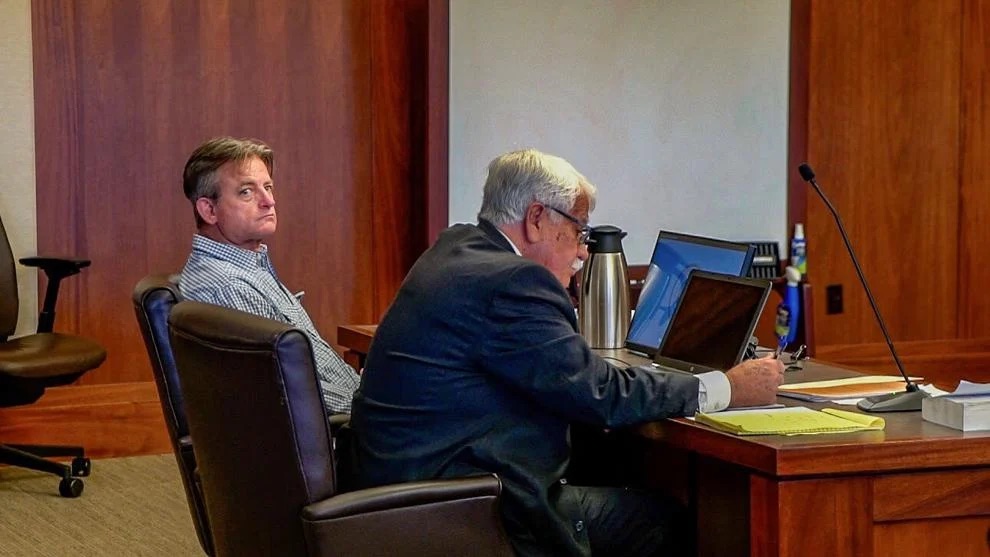 David Chad Garner, left, sits beside defense attorney Gary Pendleton during a trial held at 5th District Court in St. George, Feb. 26. The jury returned a verdict in the case against the driver charged with felony DUI.