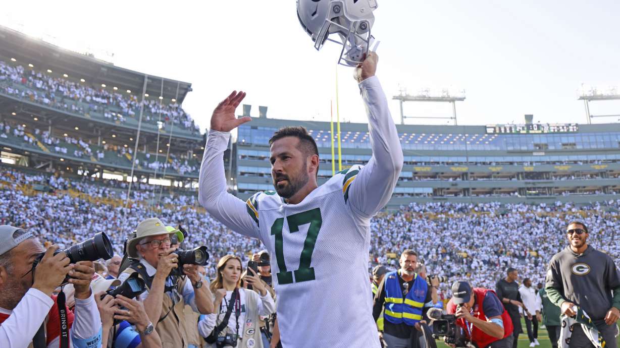 FILE - Green Bay Packers kicker Brandon McManus (17) reacts after kicking the game winning field goal against the Houston Texans during an NFL football game, Oct. 20, 2024, in Green Bay, Wis.