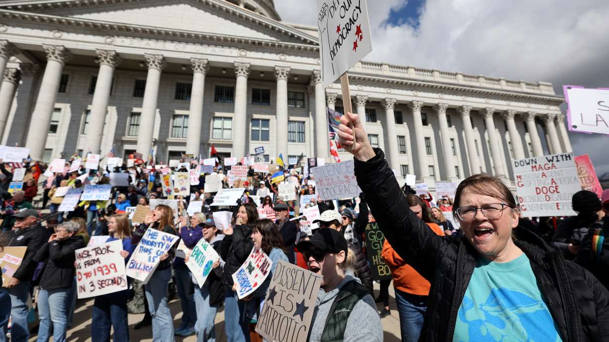 Susan Johnson cheers during the March 4 Democracy at the Capitol in Salt Lake City on Tuesday.