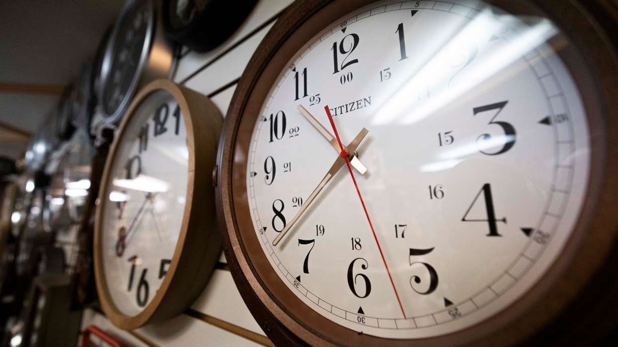 Clocks on the sales floor of Mt. Olympus Clock Shop in Millcreek on Tuesday. A bill to keep Utah on standard time year round was stopped by the state Senate Tuesday.