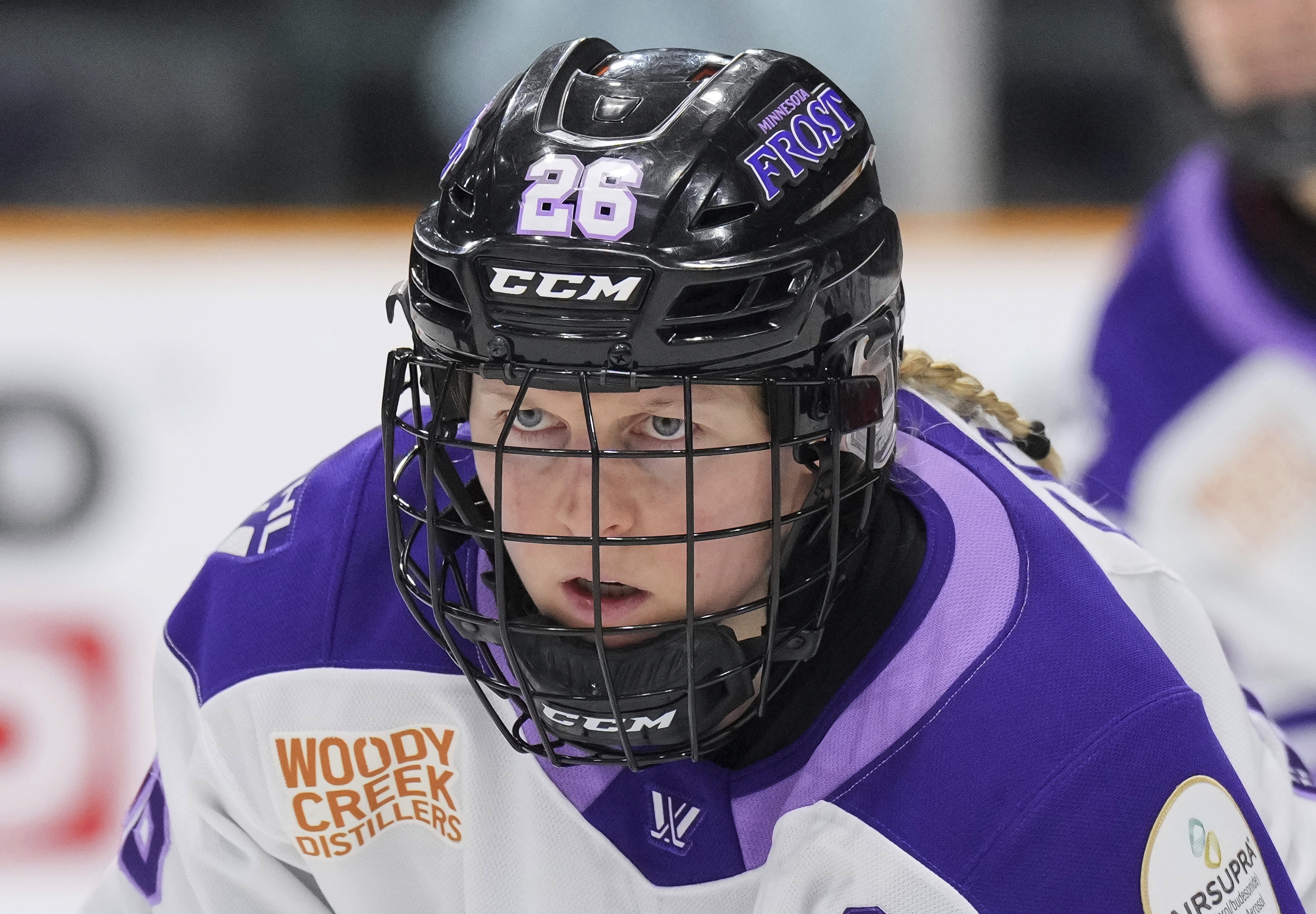 Minnesota Frost's Kendall Coyne Schofield (26) looks on prior to a face-off against the Ottawa Charge during third period PWHL hockey action in Ottawa, on Thursday, Feb. 13, 2025. 