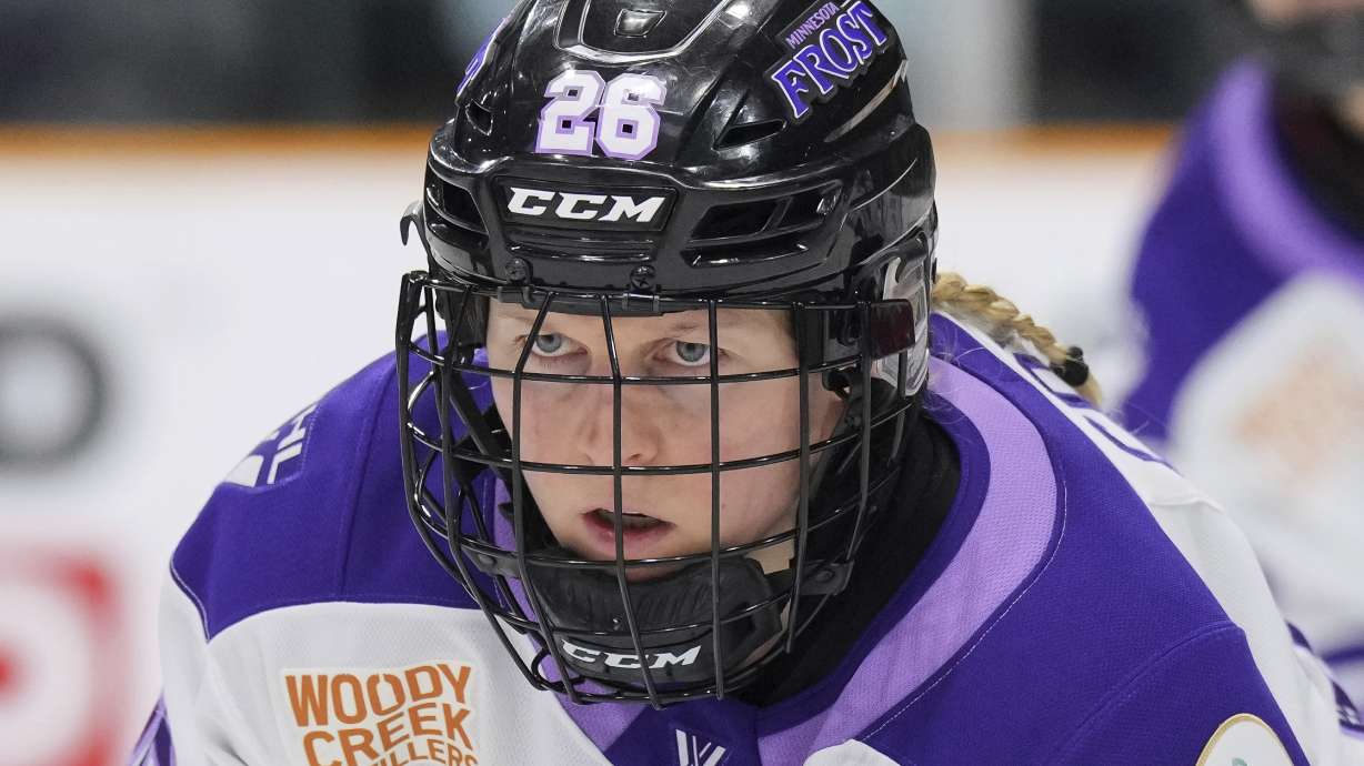 Minnesota Frost's Kendall Coyne Schofield (26) looks on prior to a face-off against the Ottawa Charge during third period PWHL hockey action in Ottawa, on Thursday, Feb. 13, 2025.