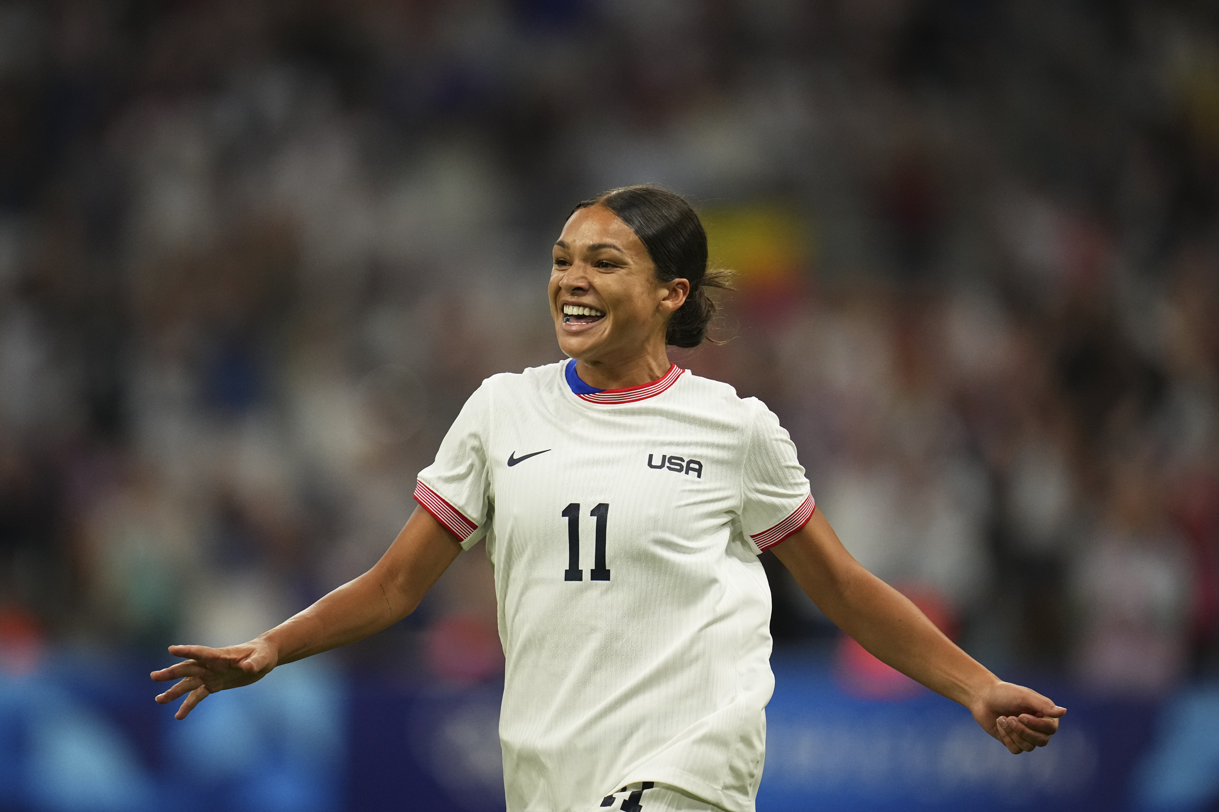 FILE - United States' Sophia Smith celebrates after scoring her side's first goal, during the women's Group B soccer match between the United States and Germany at the Velodrome stadium, during the 2024 Summer Olympics, Sunday, July 28, 2024, in Marseille, France.
