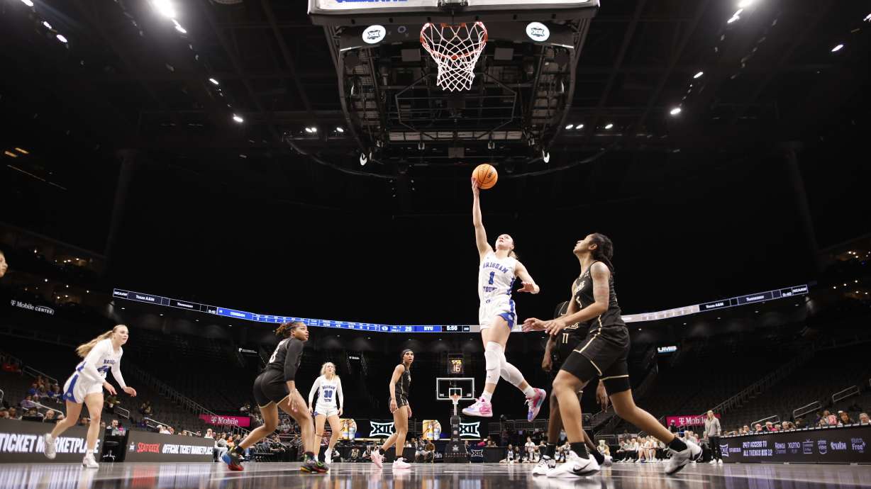 BYU's Amari Whiting puts up a shot during a Big 12 women's basketball tournament game against UCF, Wednesday, March 5, 2025 in Kansas City, Mo.