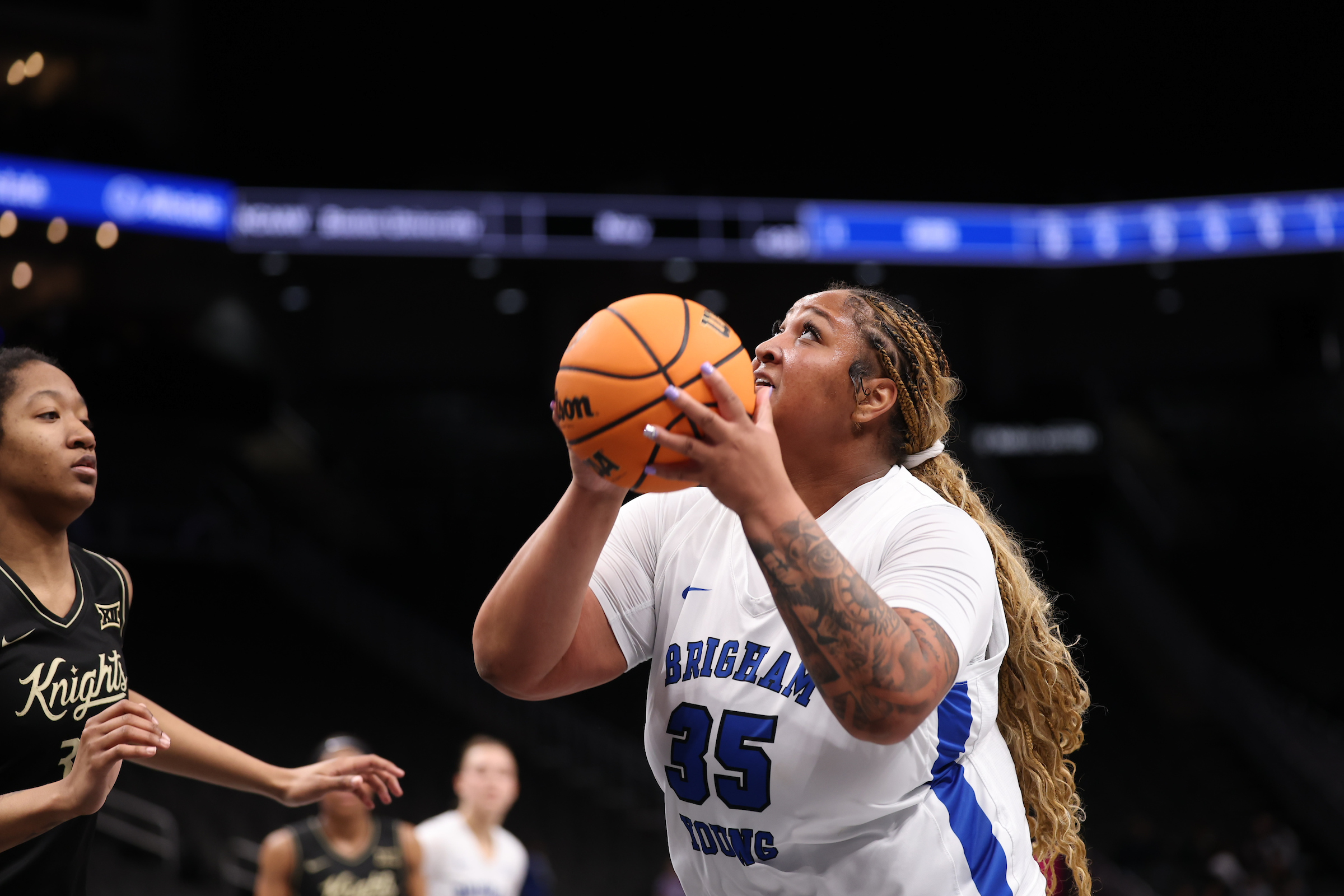 BYU's Kendra Gillespie during a Big 12 women's basketball tournament game against UCF, Wednesday, March 5, 2025 in Kansas City, Mo.