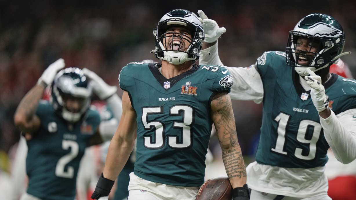 Philadelphia Eagles linebacker Zack Baun (53) celebrates after intercepting a pass during the first half of the NFL Super Bowl 59 football game against the Kansas City Chiefs, Sunday, Feb. 9, 2025, in New Orleans.