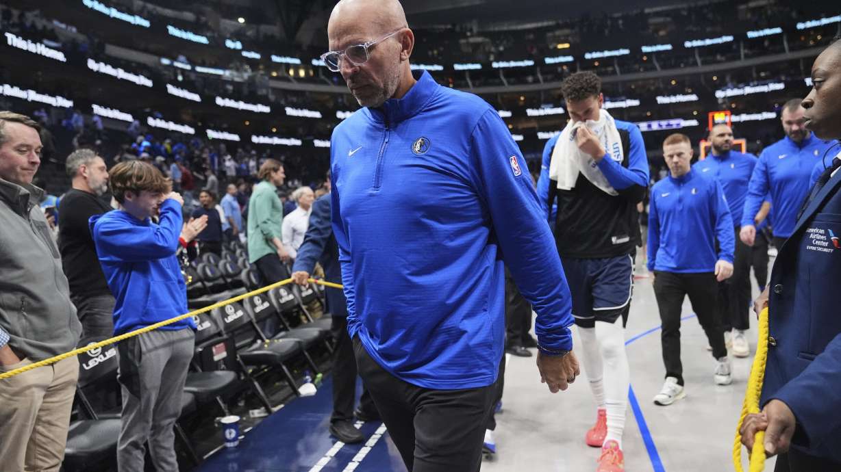 Dallas Mavericks head coach Jason Kidd, center, walks off the court after an NBA basketball game against the Sacramento Kings in Dallas, Monday, March 3, 2025.