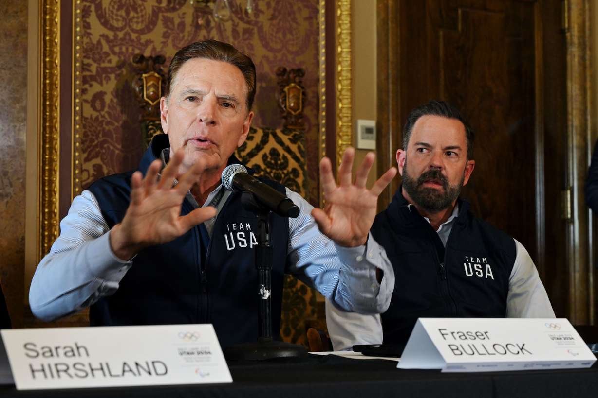 Fraser Bullock speaks during a press conference where it was announced that he will serve as executive chairman and president of the board, involved in operations in addition to oversight, and former Utah House Speaker Brad Wilson was introduced as the person to run the day-to-day operations of the 2034 Winter Games, in the Gold room of the Capitol in Salt Lake City, on Feb. 14.